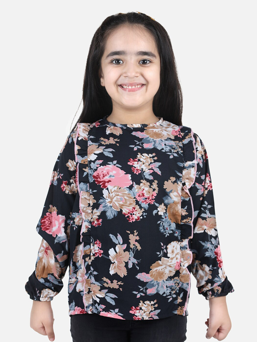 Cutiekins Girls Black & Pink Floral Print Ruffles Crepe Top