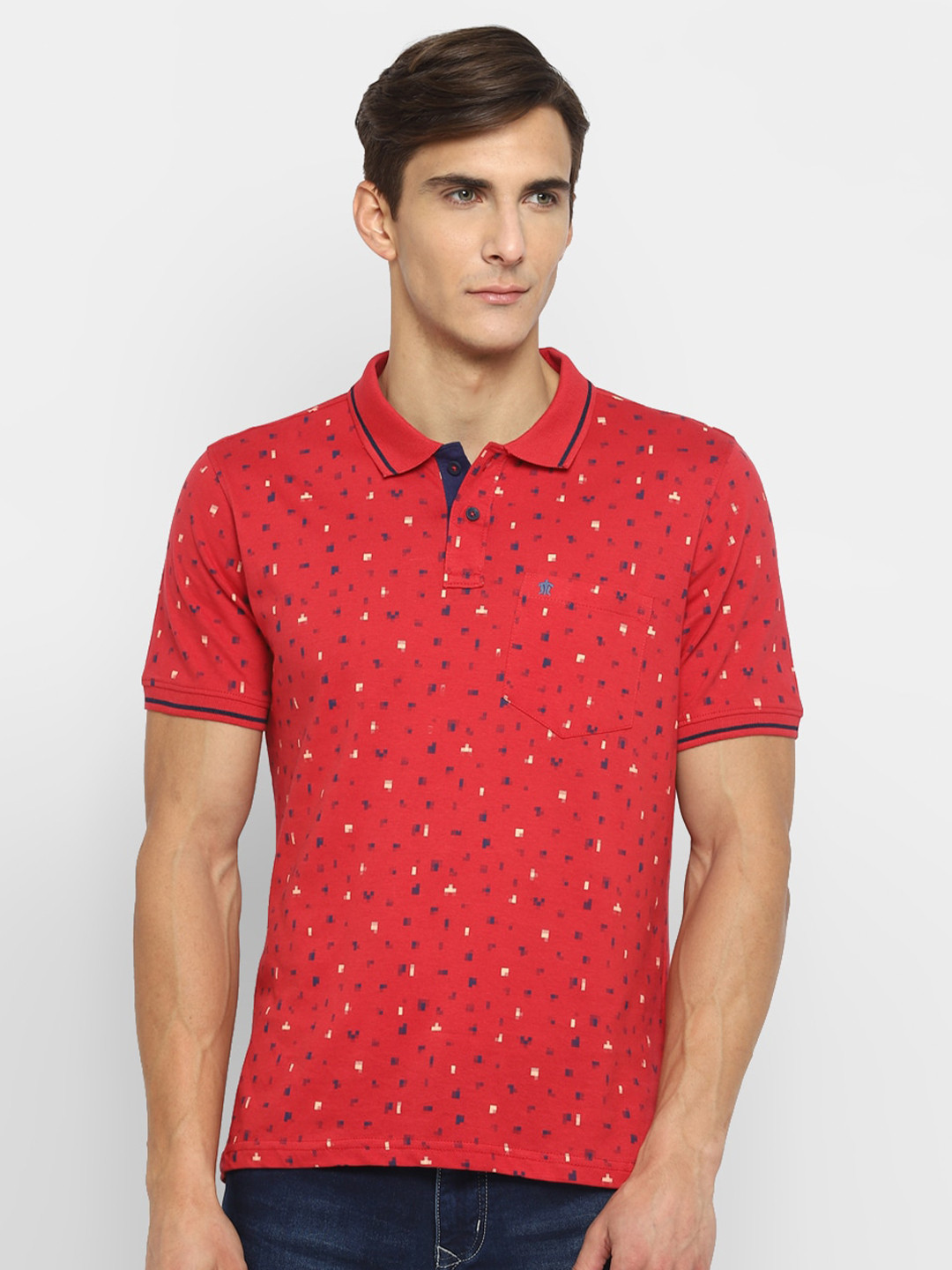 Turtle Men Red Micro Ditsy Printed Cotton Polo Collar Slim Fit T-shirt