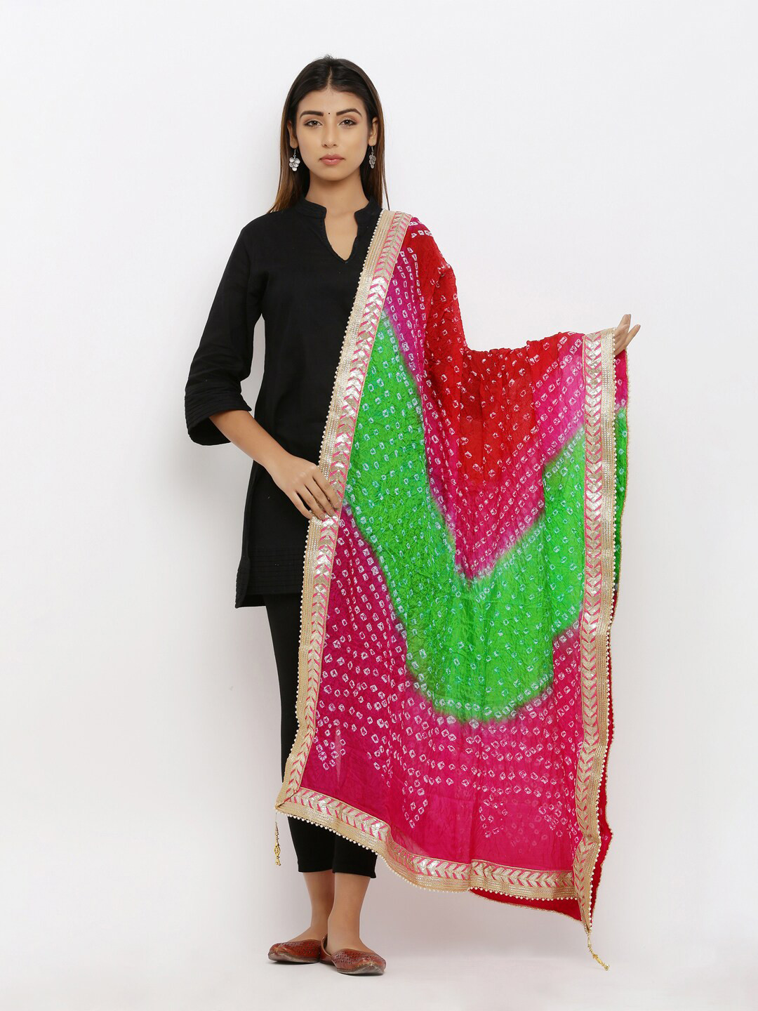 SOUNDARYA Magenta & Green Dyed Art Silk Bandhani Dupatta with Gotta Patti