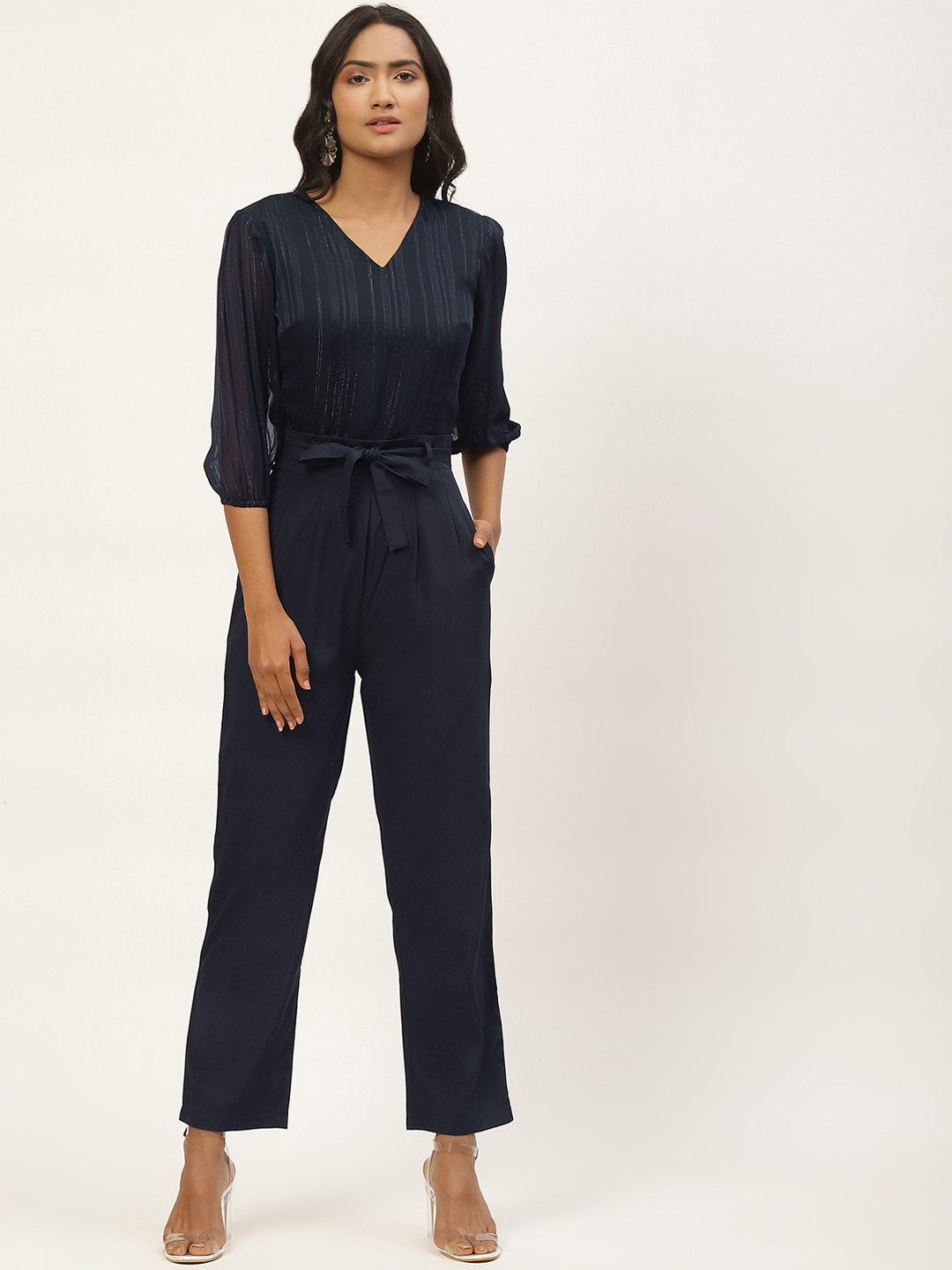 Magnetic Designs Navy Blue Self Stripe Basic Jumpsuit