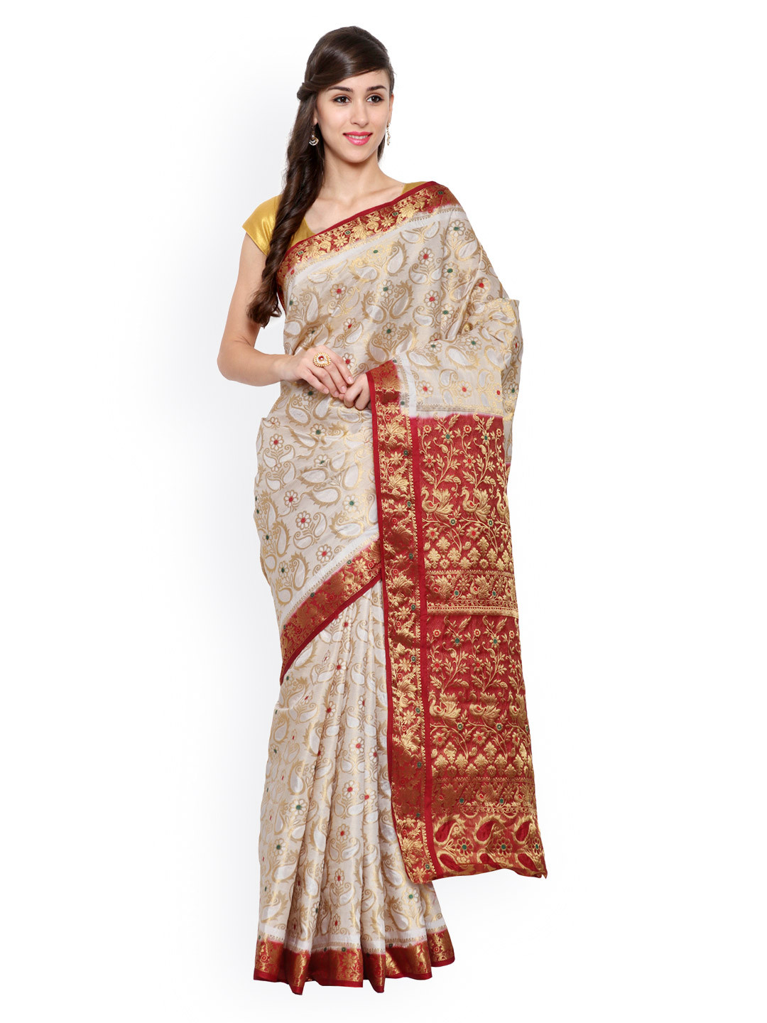 MIMOSA Off-White & Maroon Kanjeevaram Art Silk Traditional Saree
