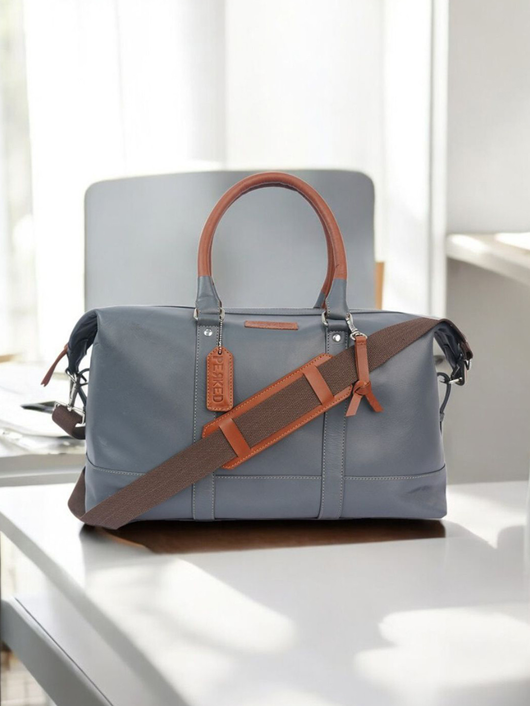 PERKED Grey Solid Genuine Leather Duffle Bag