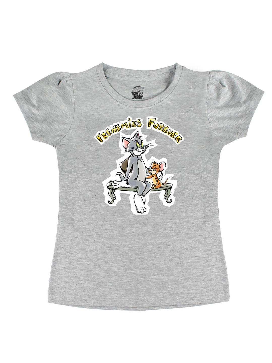 Tom & Jerry by Wear Your Mind Girls Grey Henley Neck Raw Edge T-shirt