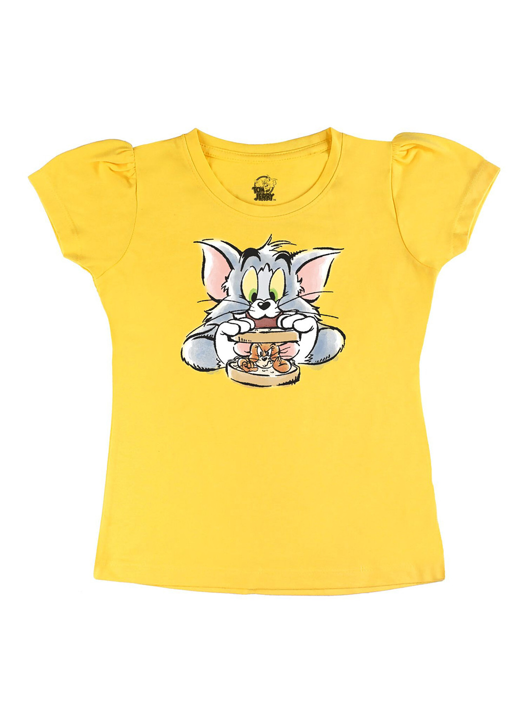 Tom & Jerry by Wear Your Mind Girls Yellow Printed Raw Edge T-shirt