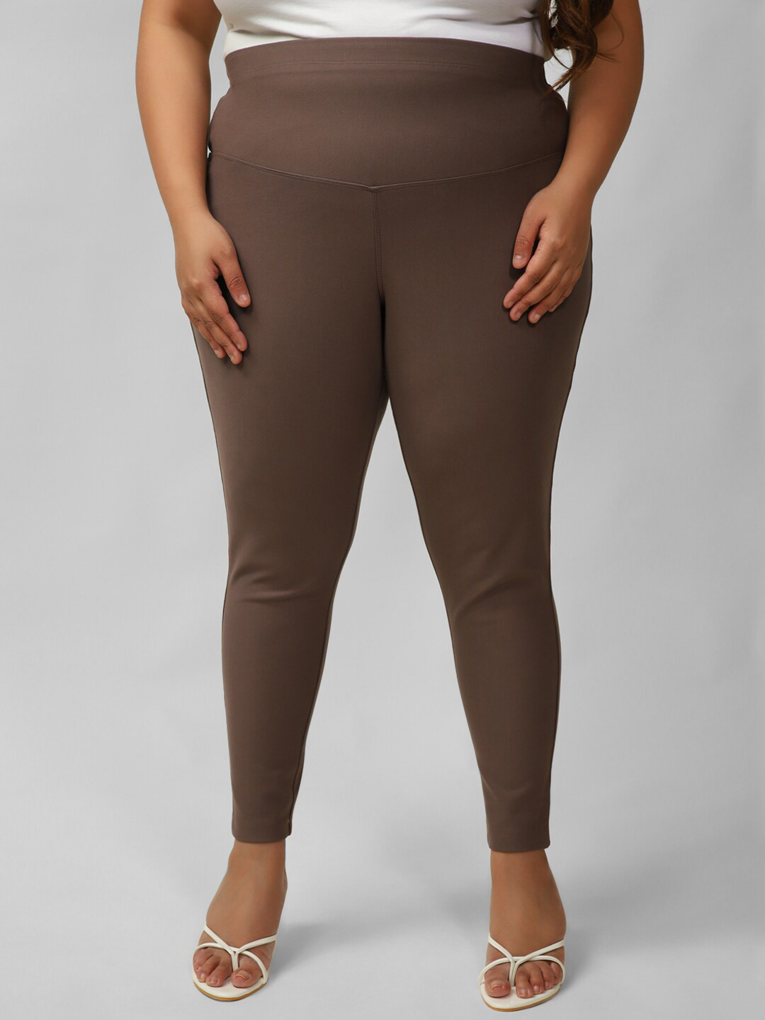 Amydus Women Plus Size Brown Solid Tummy Tucker Jeggings