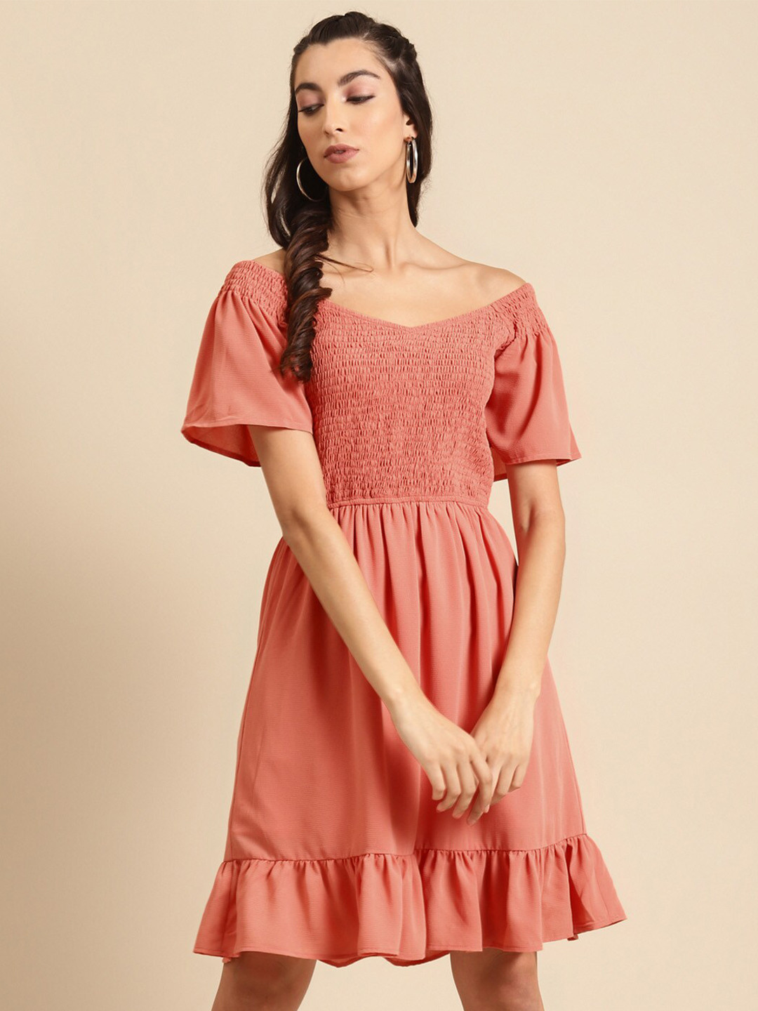 DODO & MOA Peach Off-Shoulder Fit & Flare Crepe Dress