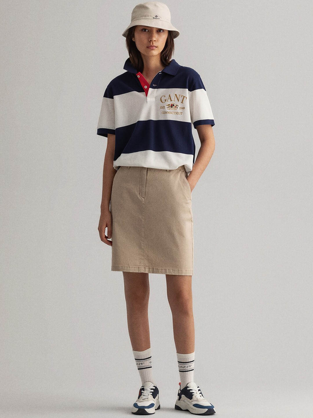 GANT Women Khaki Solid Straight Above-Knee Chino Skirt