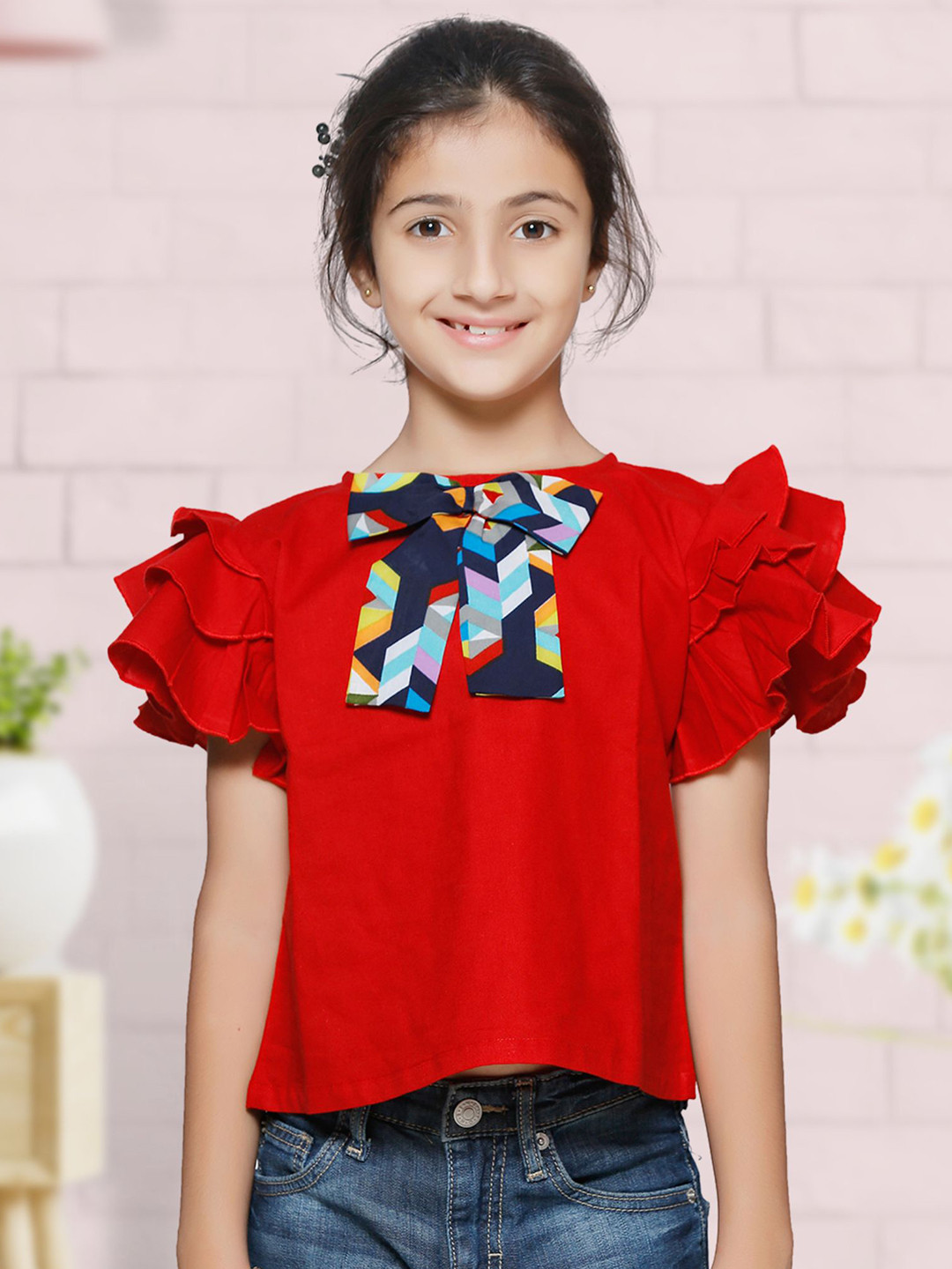 Cutiekins Girls Red Bow Detail Ruffles Top