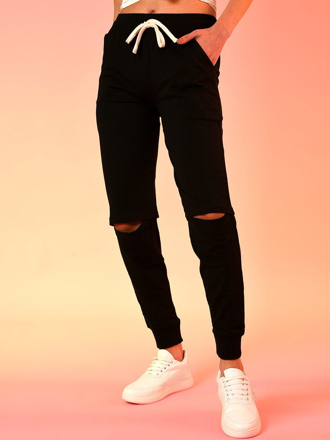 Campus Sutra Women Black Solid Cotton Joggers