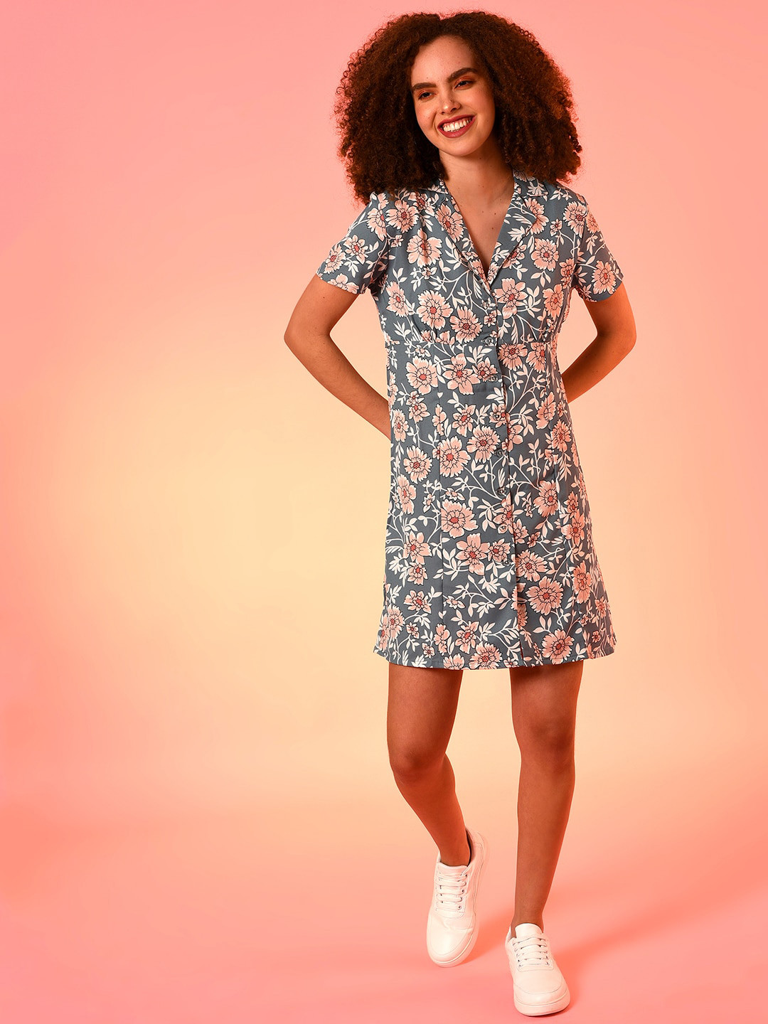 Campus Sutra Grey & Pink Floral Wrap Dress