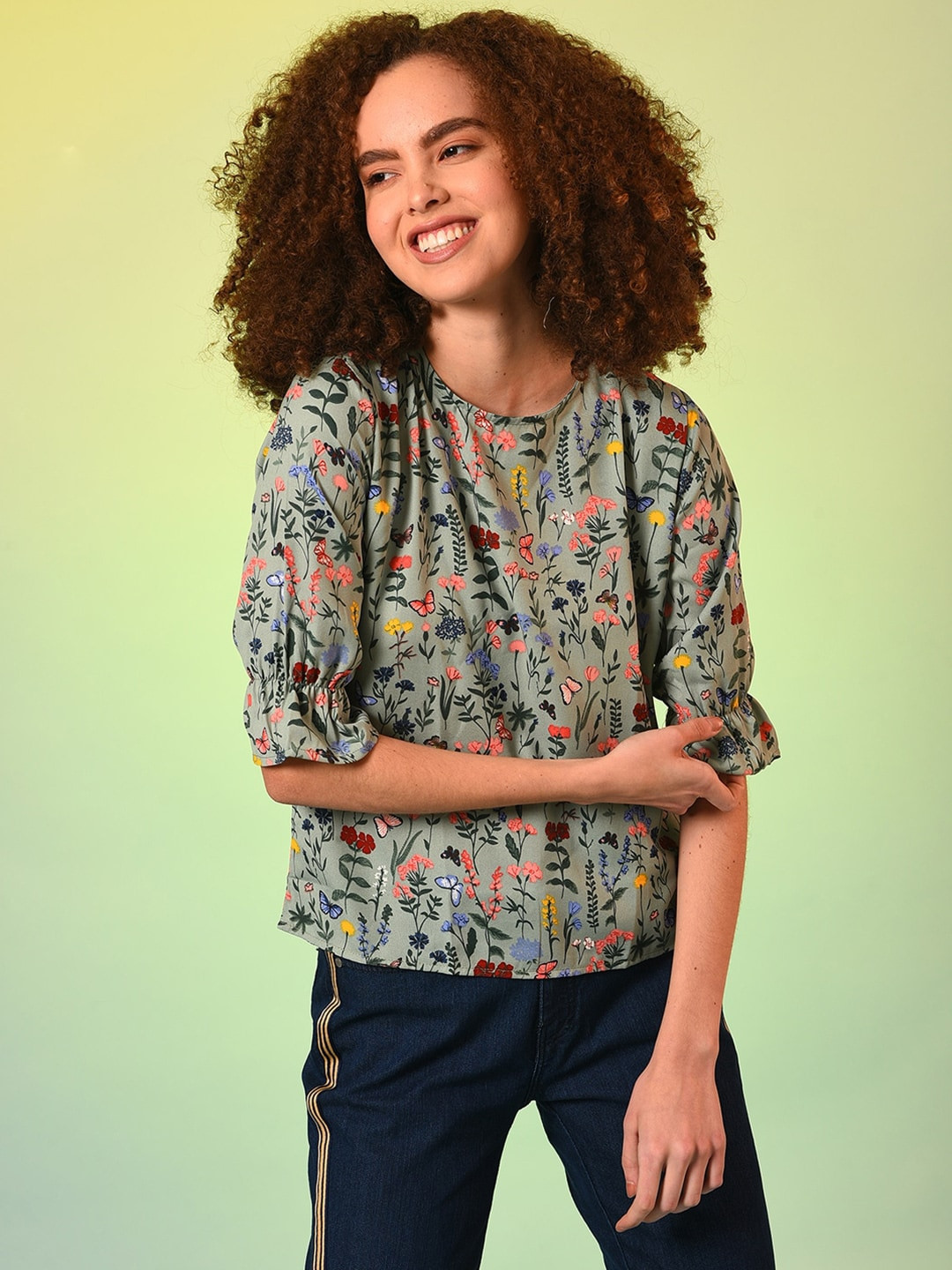 PINACOLADA Green Floral Print Mandarin Collar Roll-Up Sleeves Top