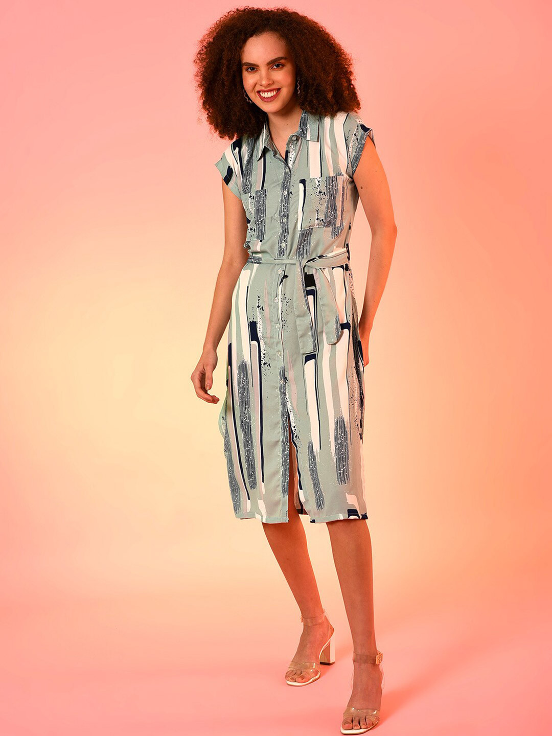 Campus Sutra Green & Pink Shirt Dress