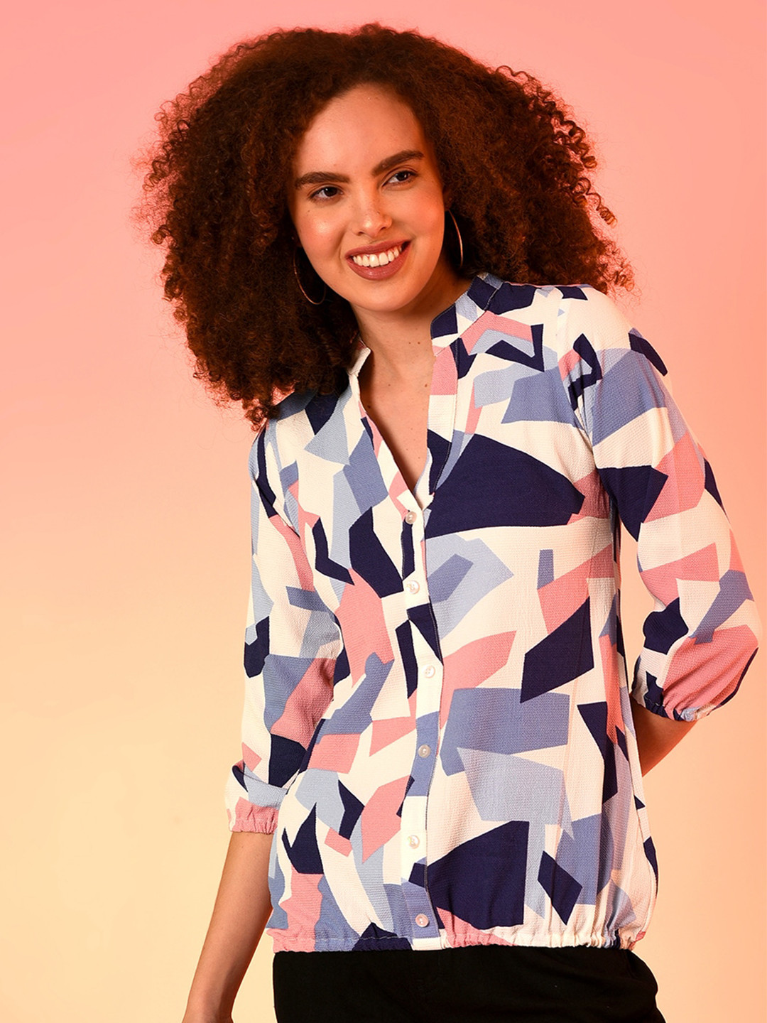 Campus Sutra Navy Blue Print Mandarin Collar Crepe Shirt Style Top