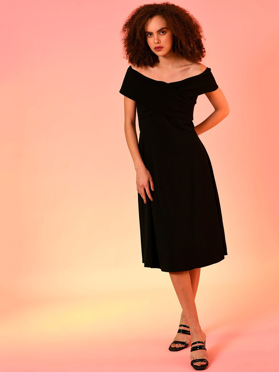 Campus Sutra Black Off-Shoulder Crepe A-Line Dress
