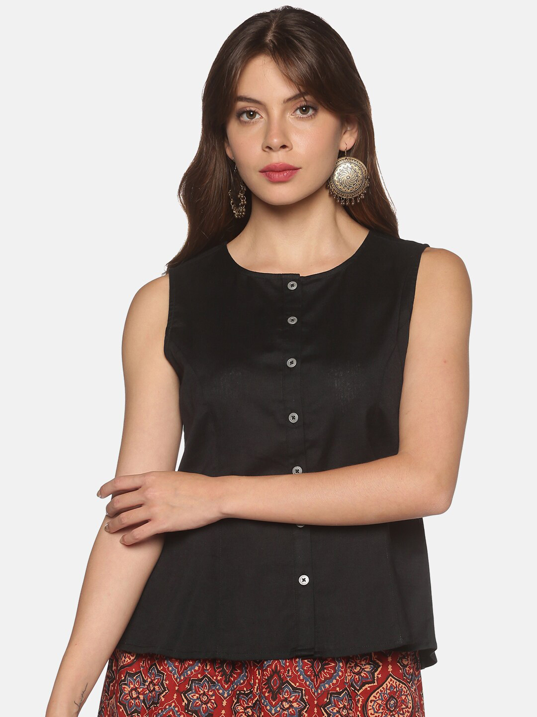 Saffron Threads Black Panelled A-Line Cotton Linen Top