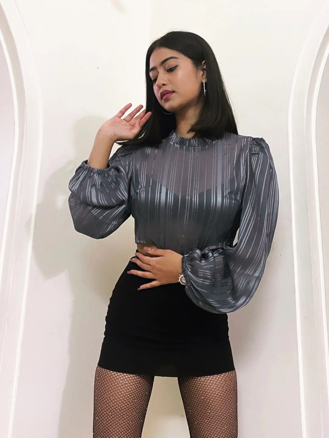 STREET 9 Women Beautiful Grey Vertical Striped Top