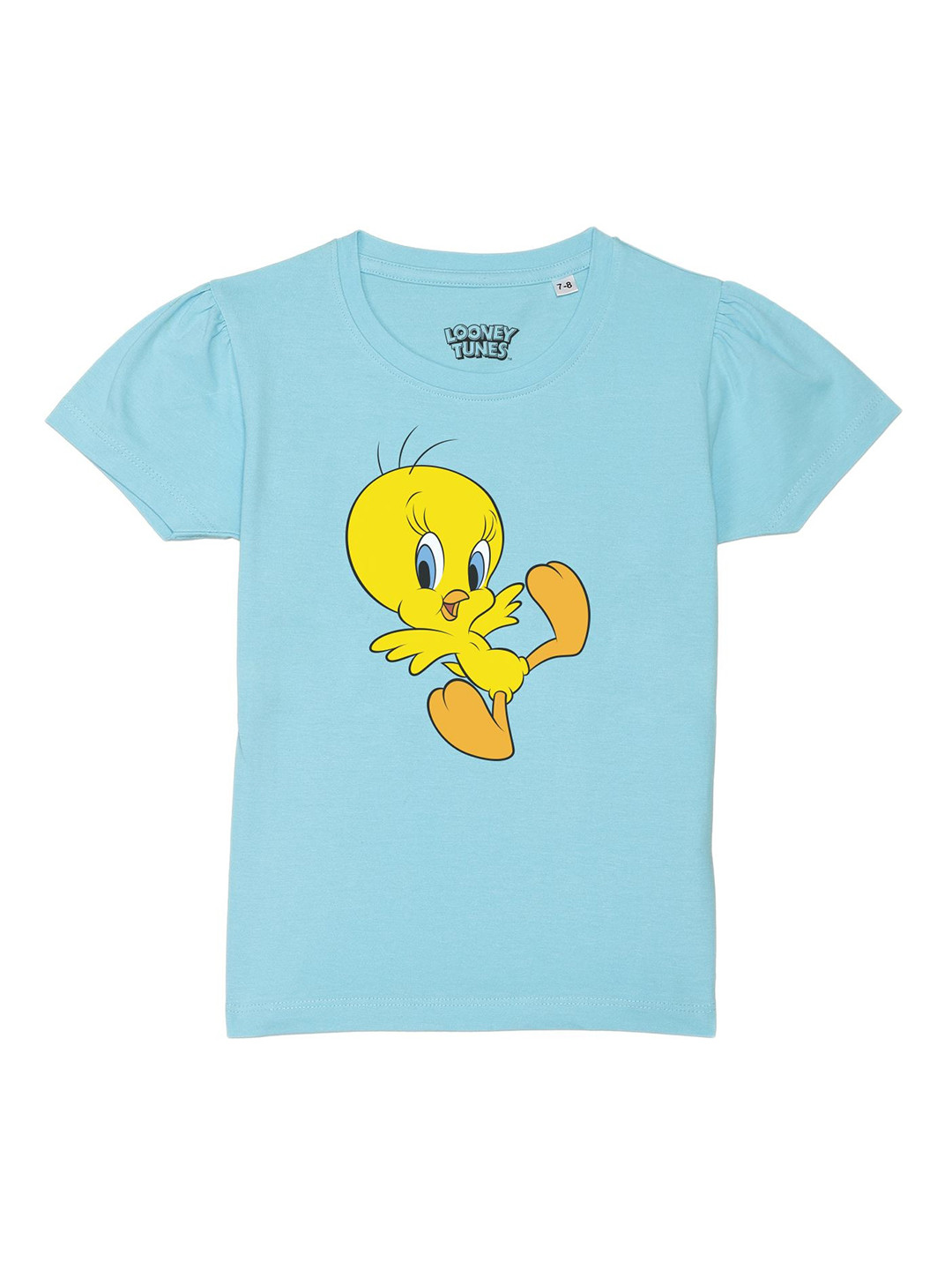 Looney Tunes by Wear Your Mind Girls Blue Tweety Printed Puff Sleeves Pure Cotton T-shirt