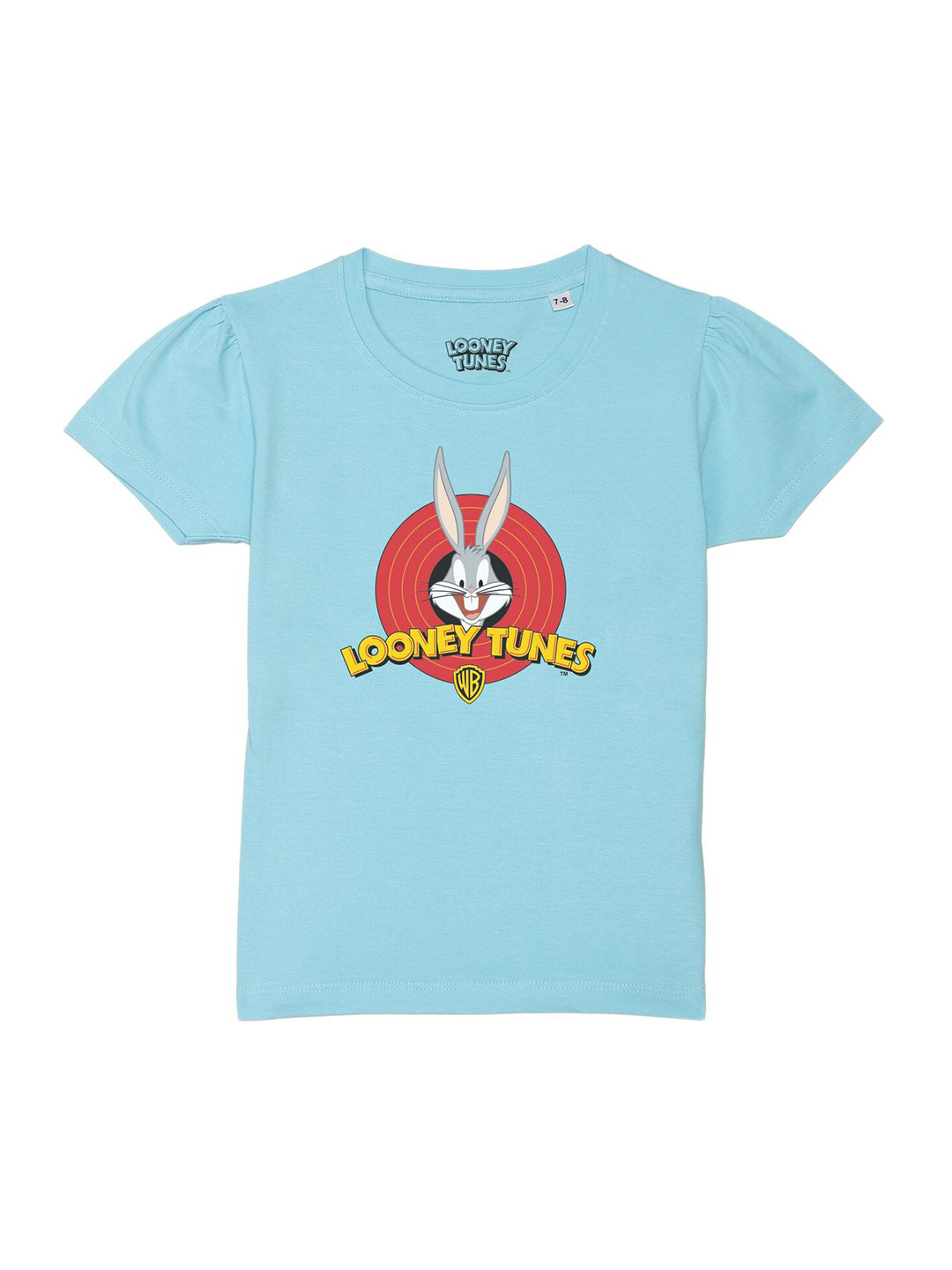 Looney Tunes by Wear Your Mind Girls Blue Looney Tunes Printed Puff Sleeves Pure Cotton T-shirt