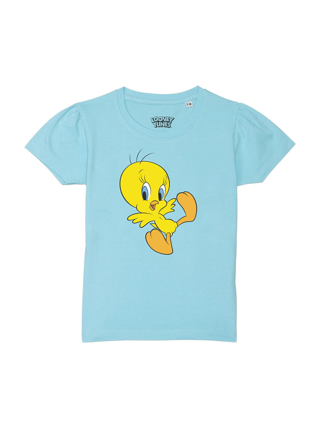Looney Tunes by Wear Your Mind Girls Blue Tweety Printed Puff Sleeves Pure Cotton T-shirt