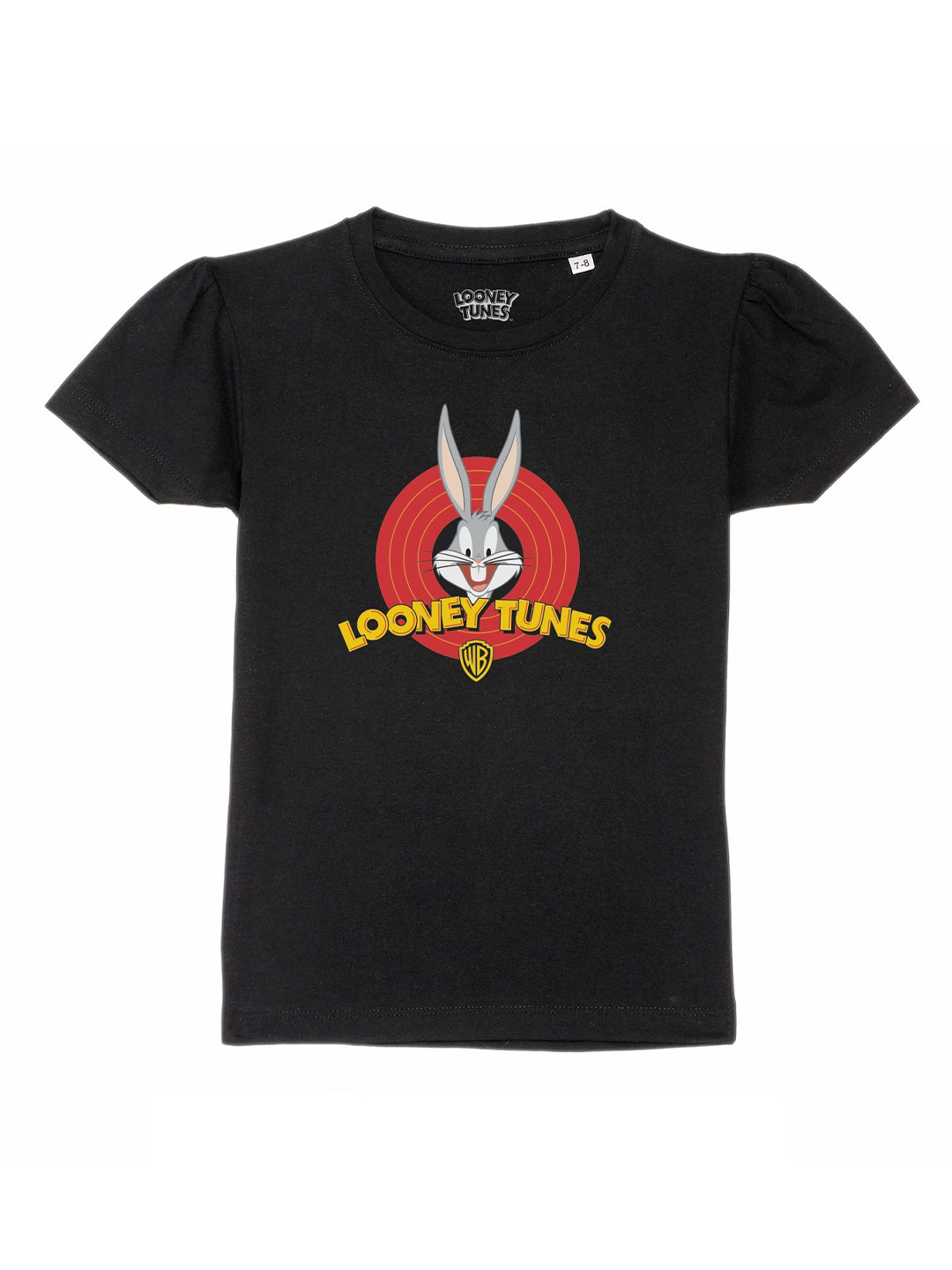 Looney Tunes by Wear Your Mind Girls Black Bugs Bunny Printed Cotton Puff Sleeves T-shirt