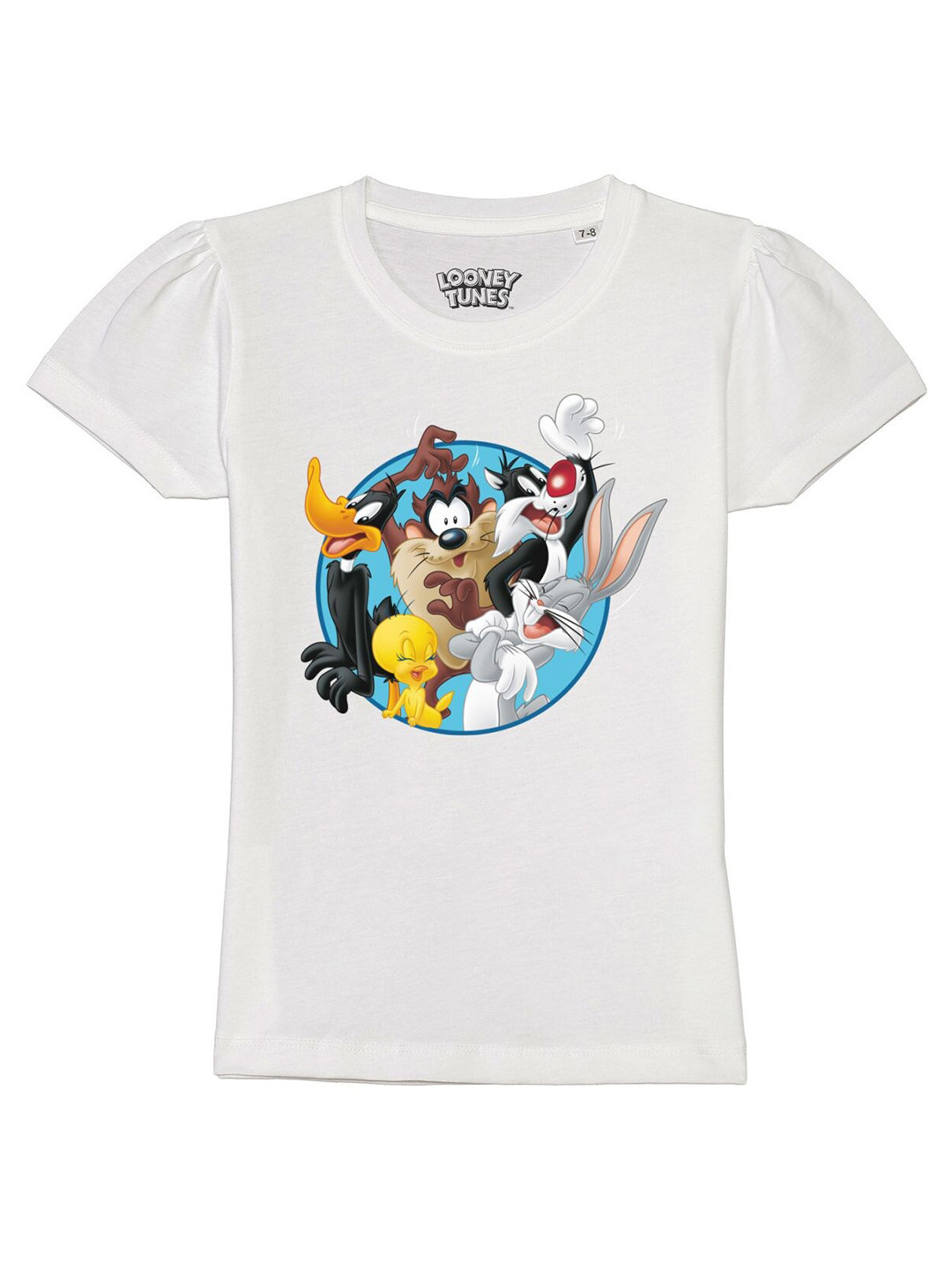Looney Tunes by Wear Your Mind Girls White & Blue Looney Tunes Printed Puff Sleeves T-shirt