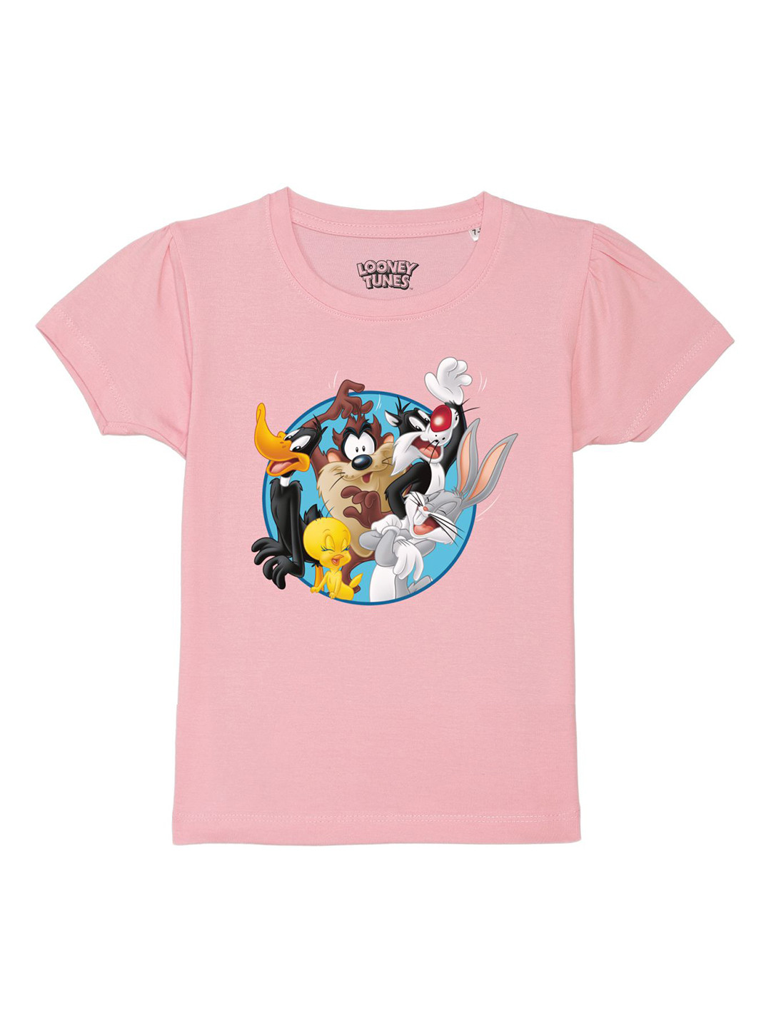 Looney Tunes by Wear Your Mind Girls Pink Printed Pure Cotton Puff Sleeves T-shirt