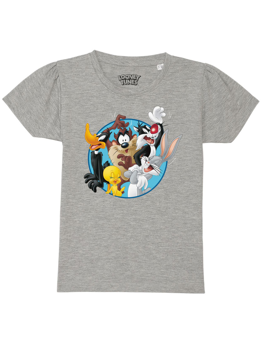 Looney Tunes by Wear Your Mind Girls Grey Looney Tunes Printed Puff Sleeves Pure Cotton T-shirt