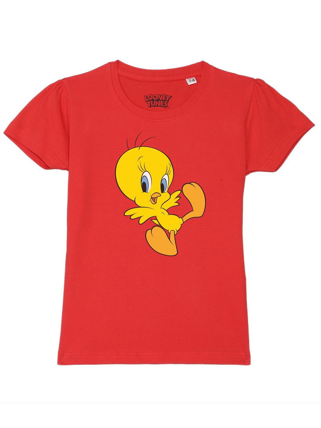 Looney Tunes by Wear Your Mind Girls Red Looney Tunes Printed Puff Sleeves Pure Cotton T-shirt