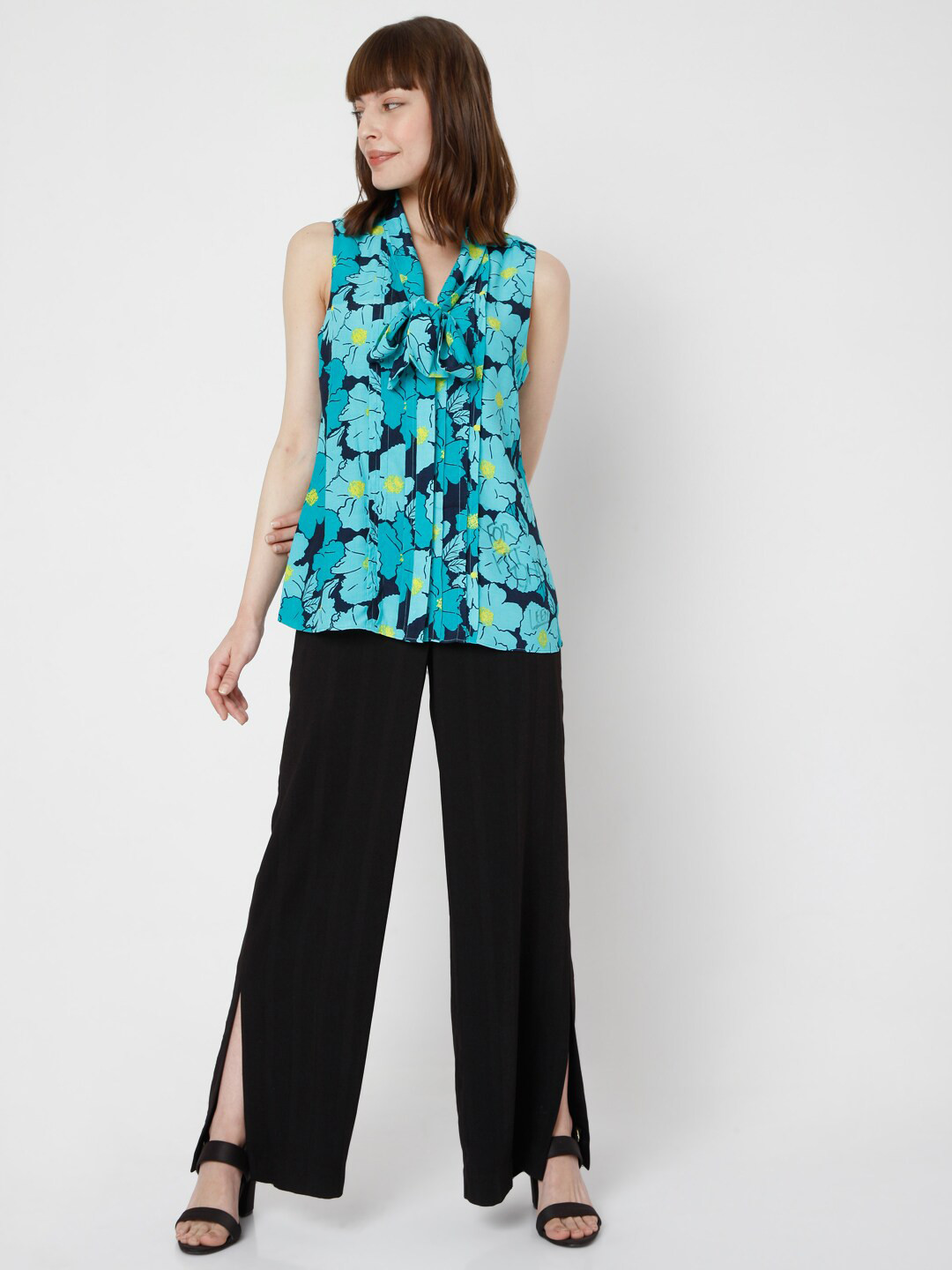 Vero Moda Teal Blue Floral Print Tie-Up Neck Top