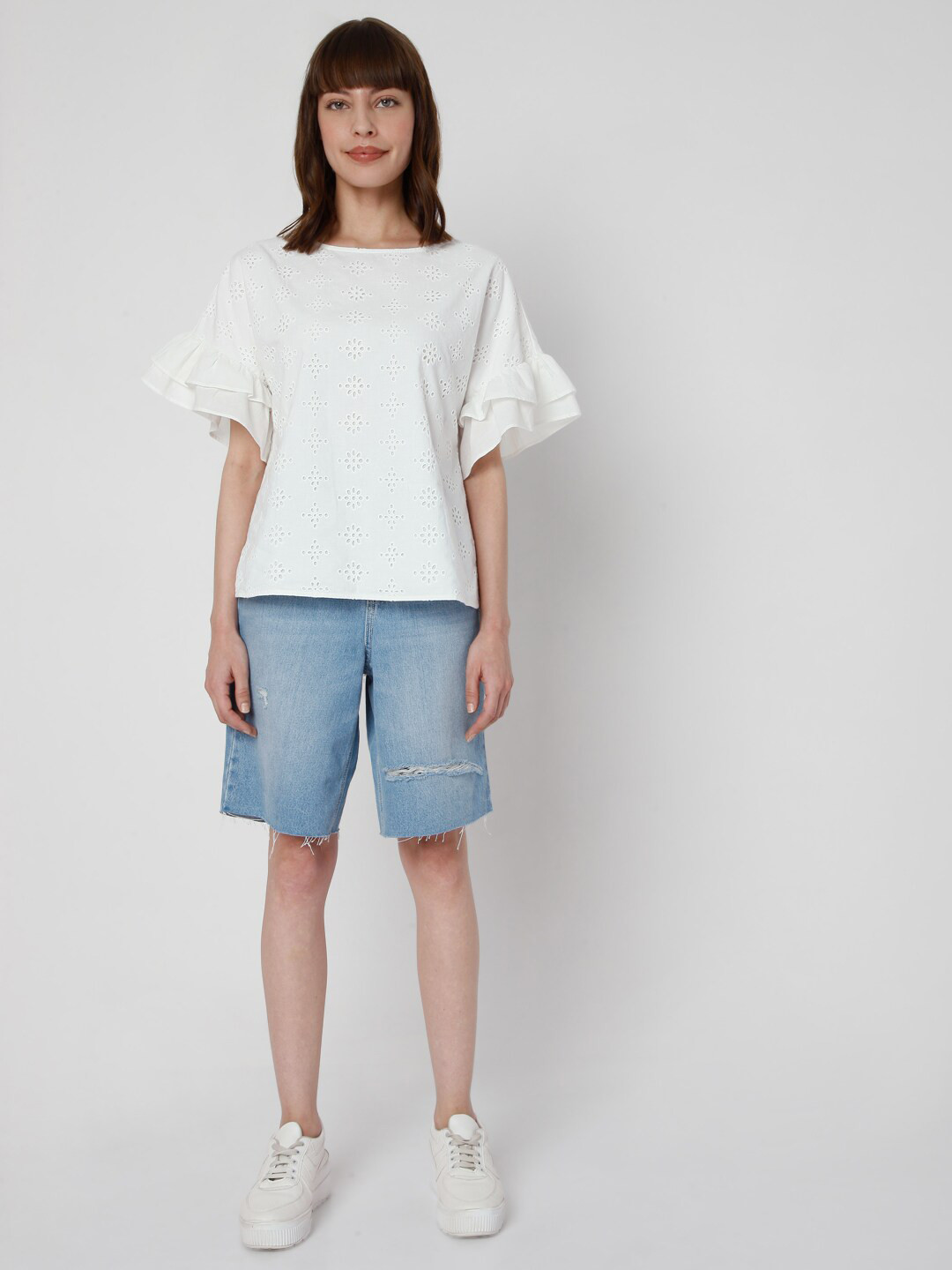 Vero Moda Women White Solid Short Sleeves Top