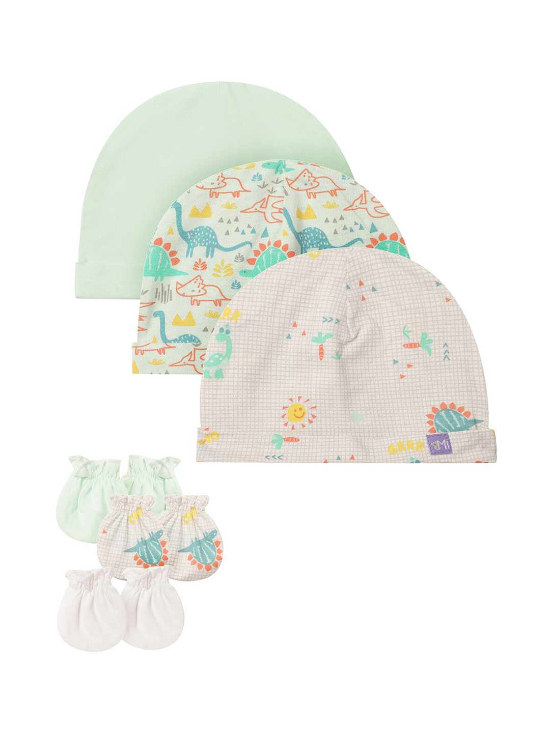 MiArcus Infant Kids Set of 3 Printed Cotton Beanies With Mittens