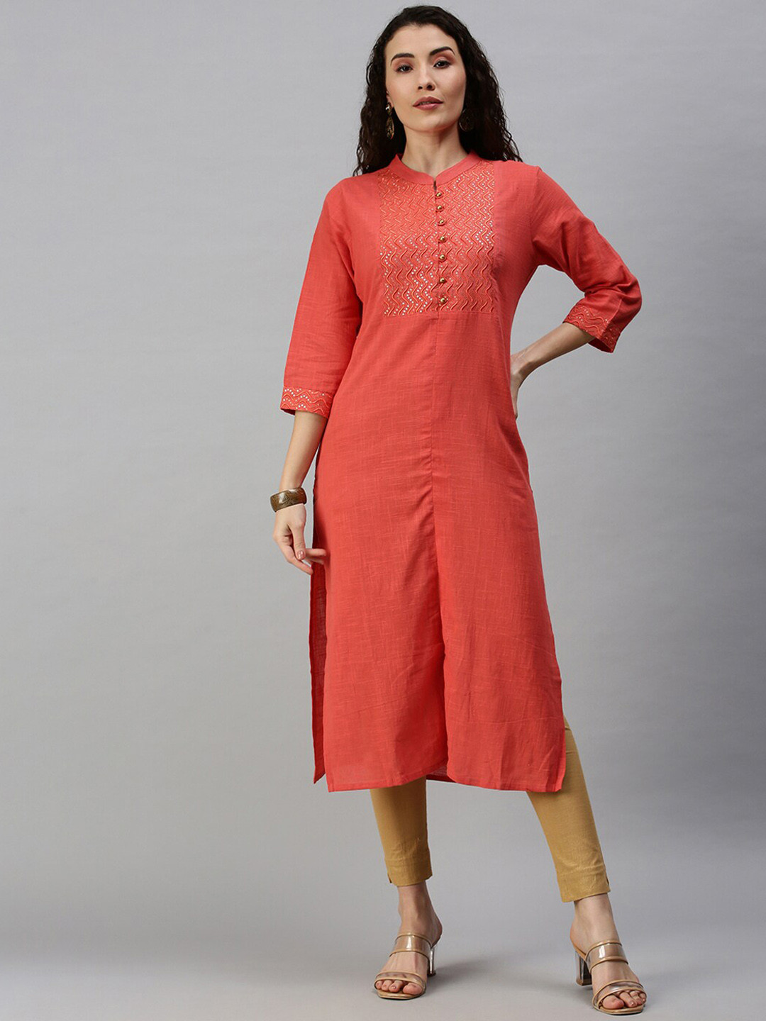 SHOWOFF Women Orange Three-Quarter Sleeves Mandarin Collar Straight Regular Sleeves Kurta