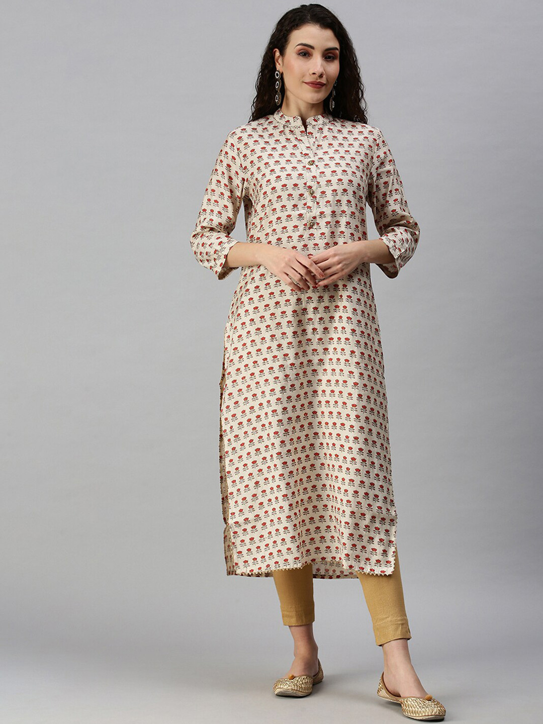 SHOWOFF Women Cream-Coloured Floral Three-Quarter Sleeves Mandarin Collar Straight Kurta