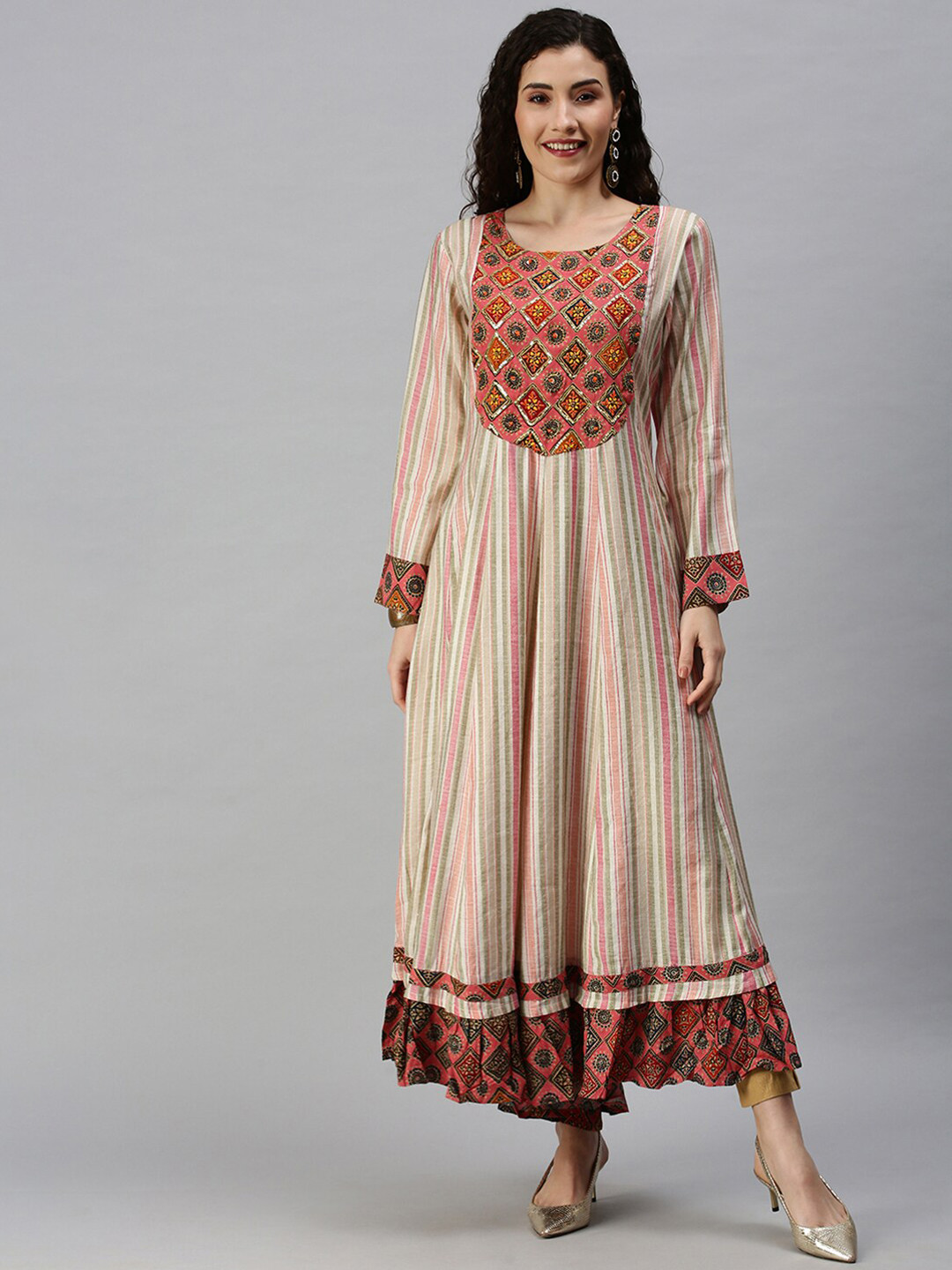 SHOWOFF Women Multicoloured Striped Long Sleeves Sequinned Round Neck Anarkali Kurta