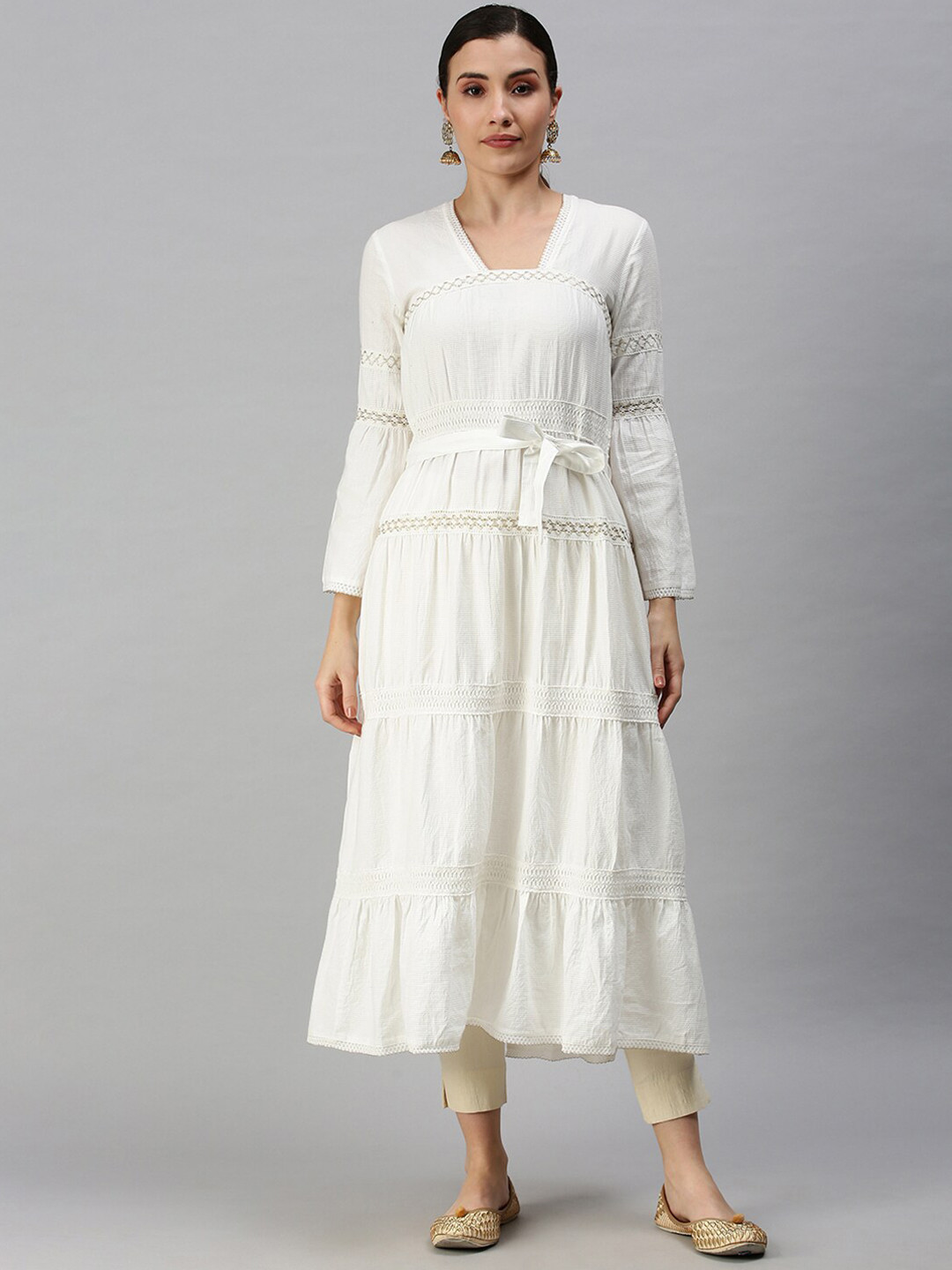 SHOWOFF Women White Square Neck Thread Work Tiered Anarkali Kurta