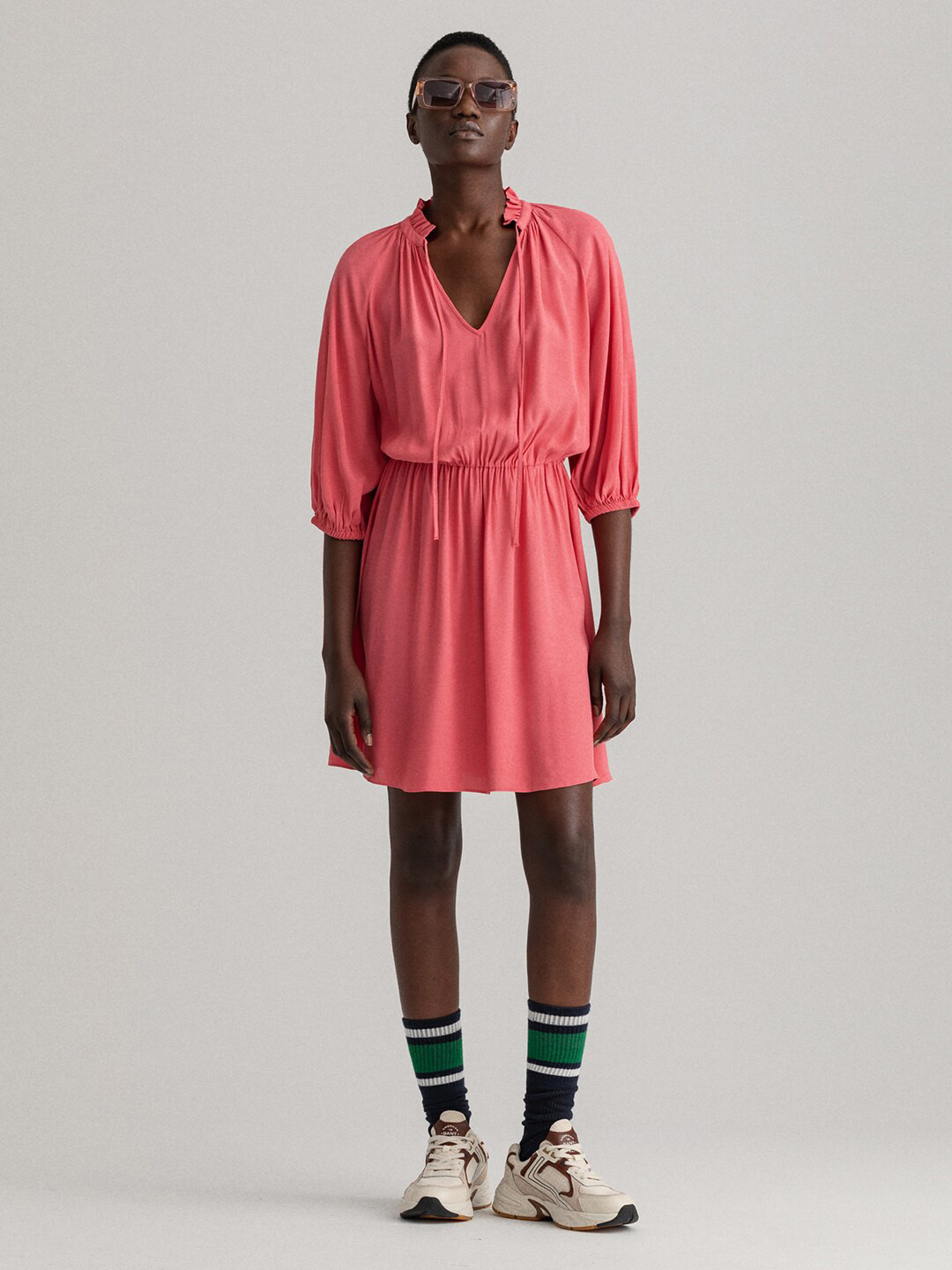 GANT Pink Cuffed Sleeves Gathered A-Line Dress