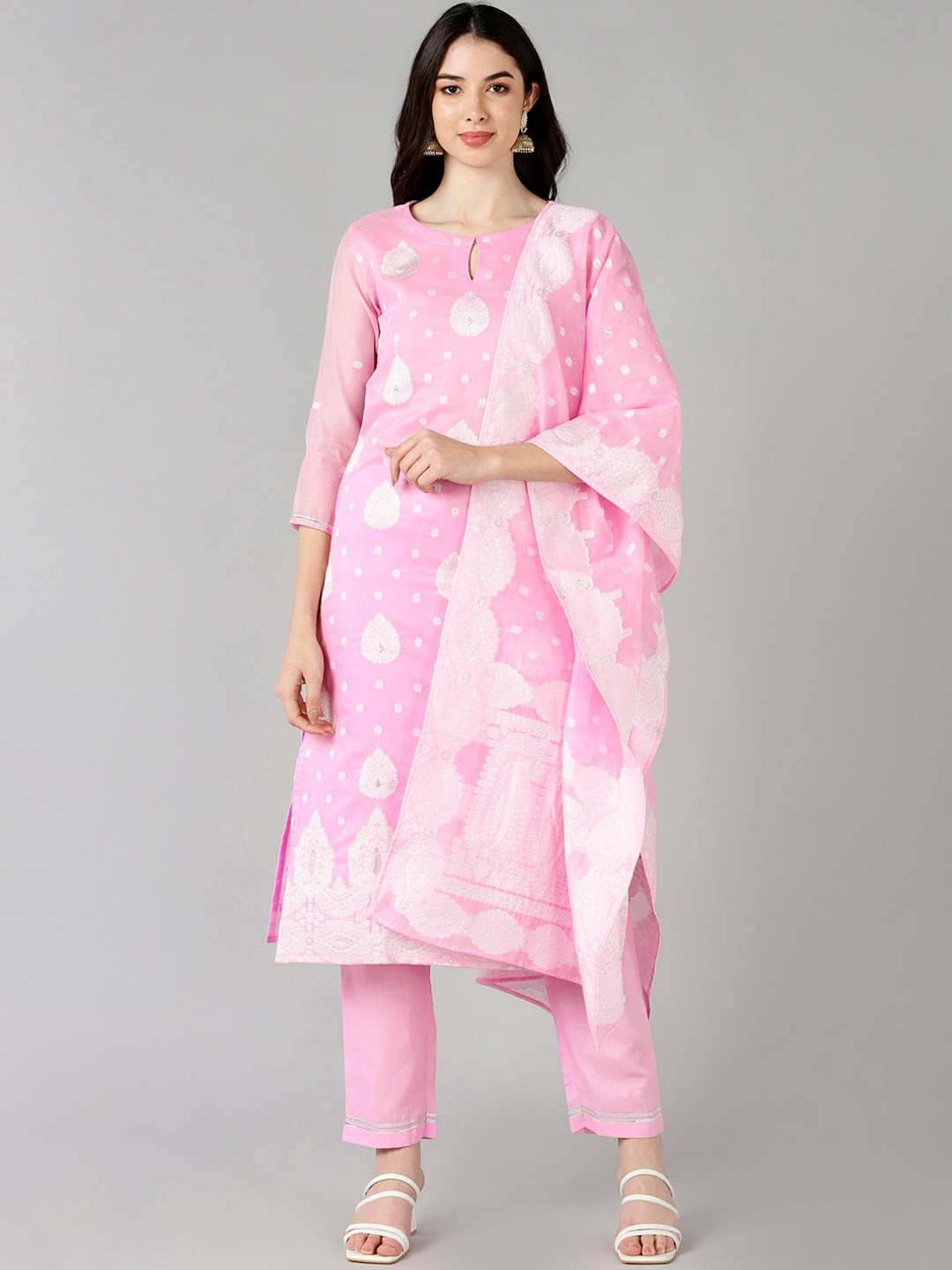 AHIKA Women Pink Woven Design Kurti with Trousers & With Dupatta