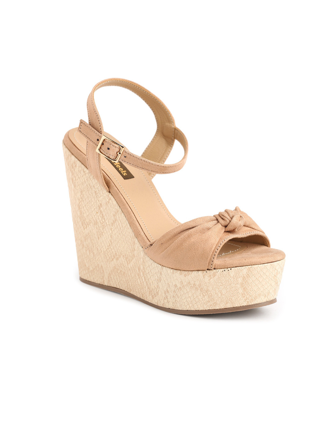 Flat n Heels Beige Suede Wedge Sandals With Ankle Loop & Bow Detail