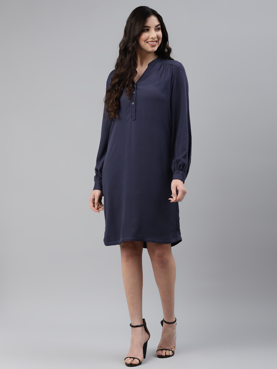 Marks & Spencer Navy Blue Solid Shift Dress with Pockets
