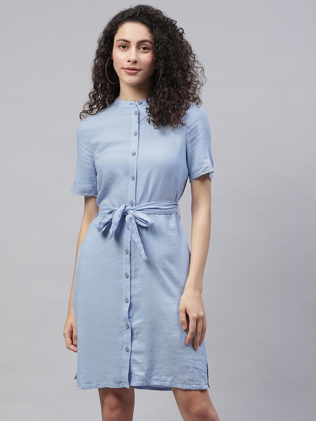Marks & Spencer Blue Solid Shirt Dress with Belt