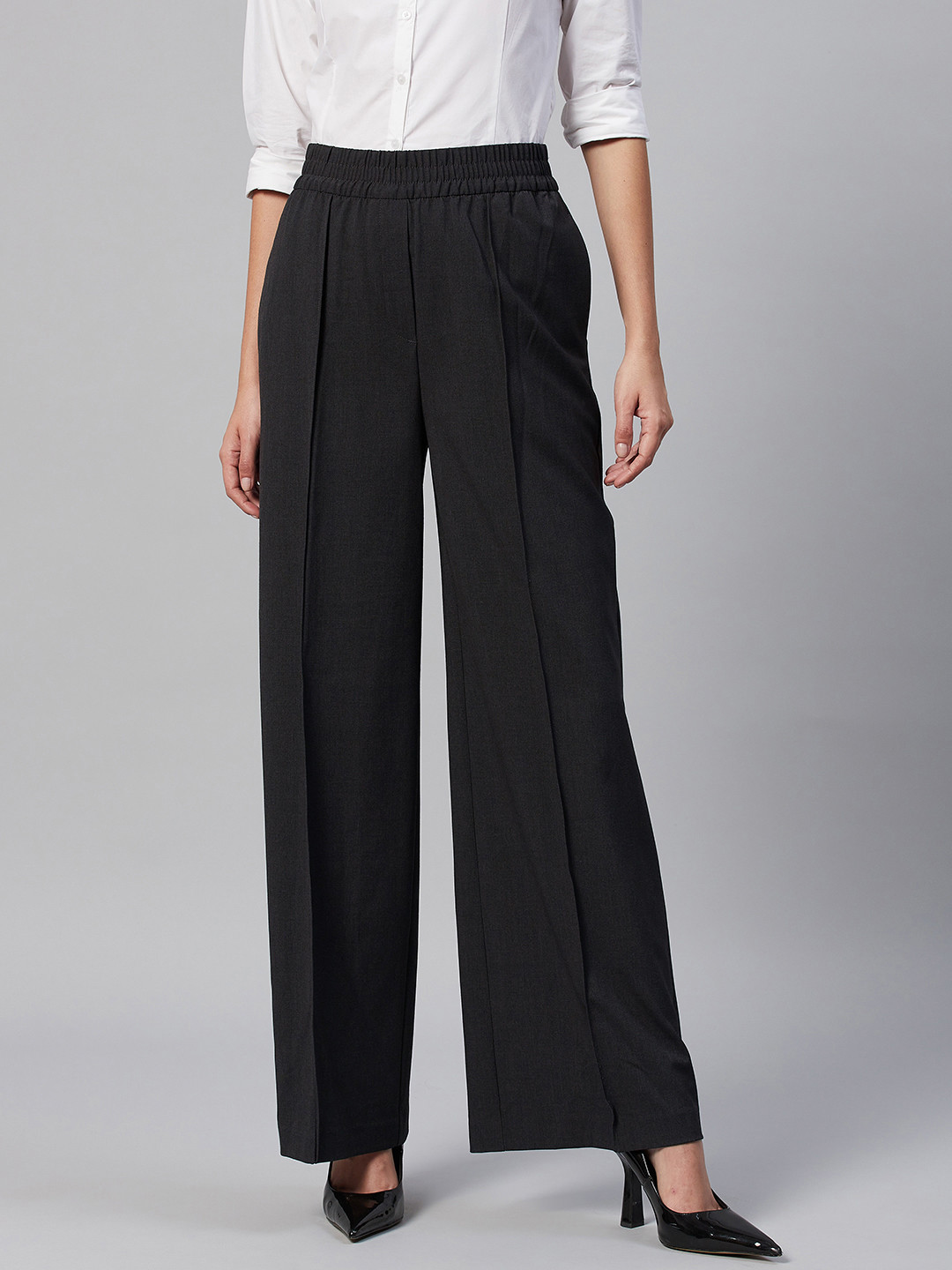 Marks & Spencer Women Charcoal Grey Pleated Trousers