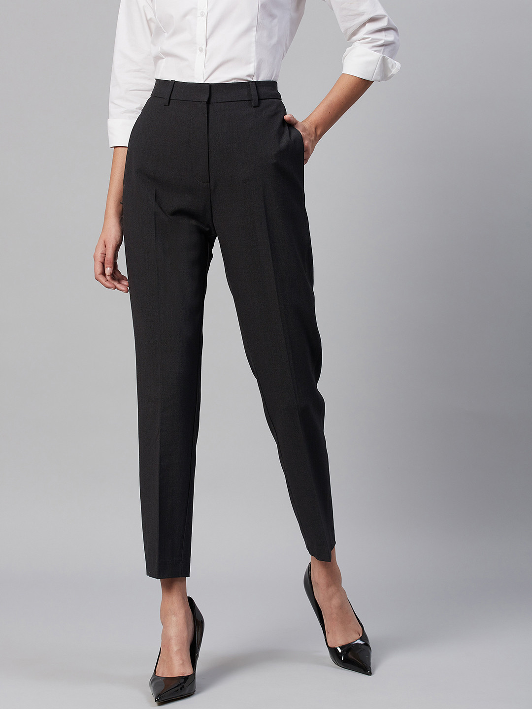Marks & Spencer Women Charcoal Grey Slim Fit Trousers
