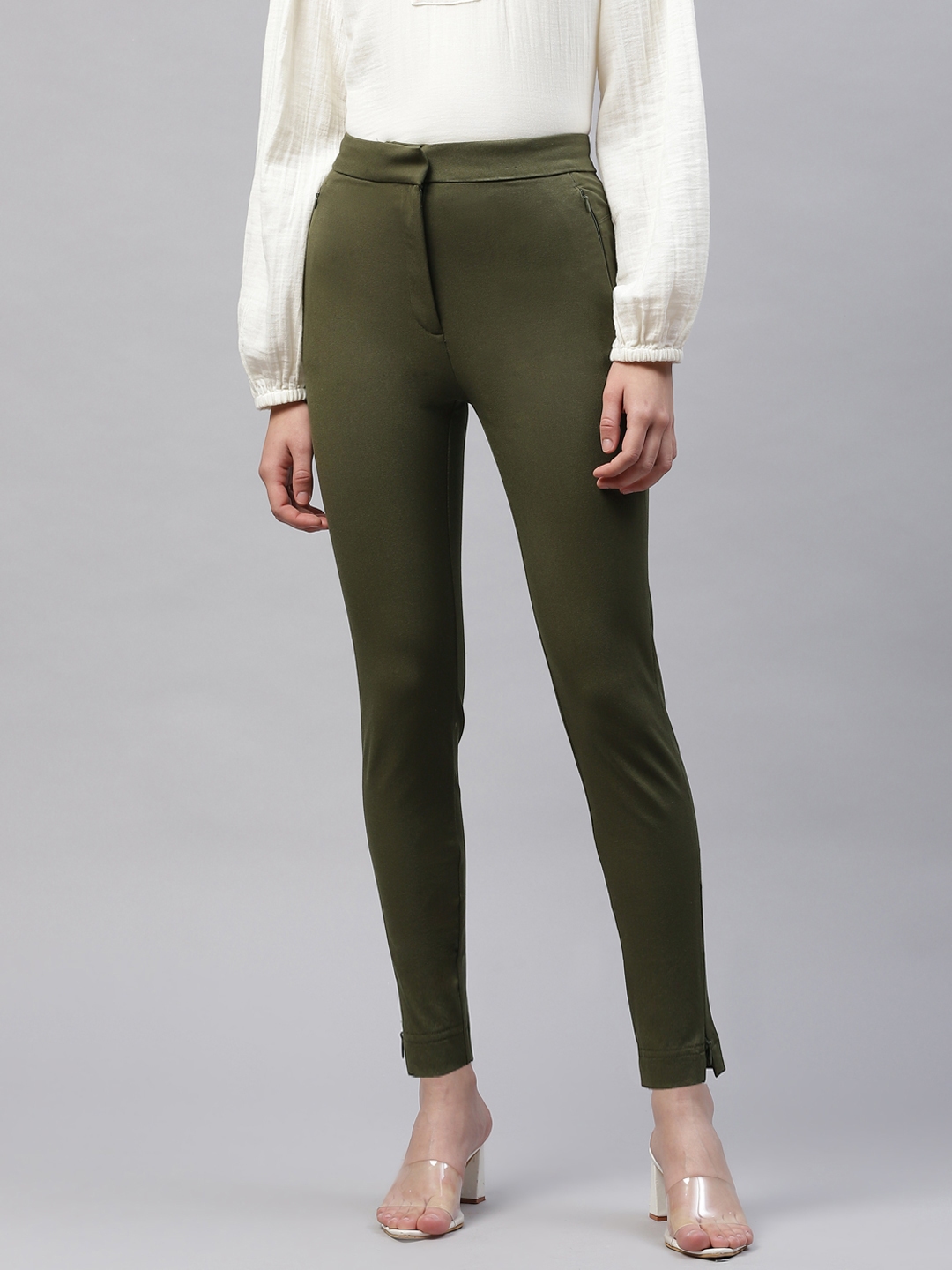 Buy Marks & Spencer Women Olive Green Skinny Fit Trousers