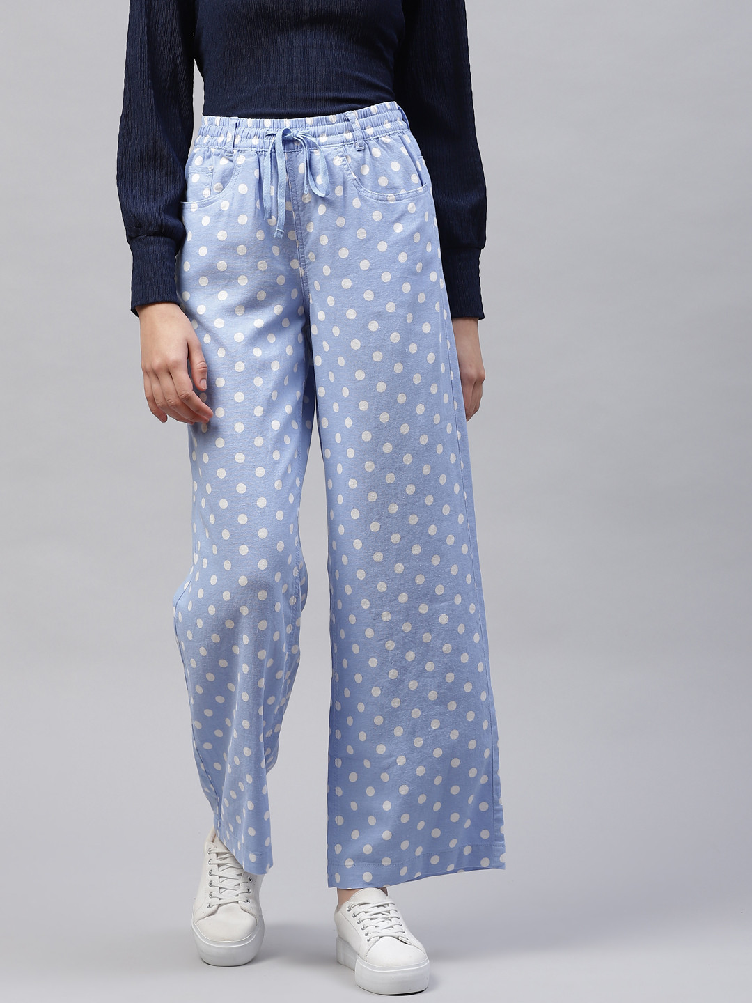 Marks & Spencer Women Blue & White Polka Dots Print Easy Iron Parallel Trousers