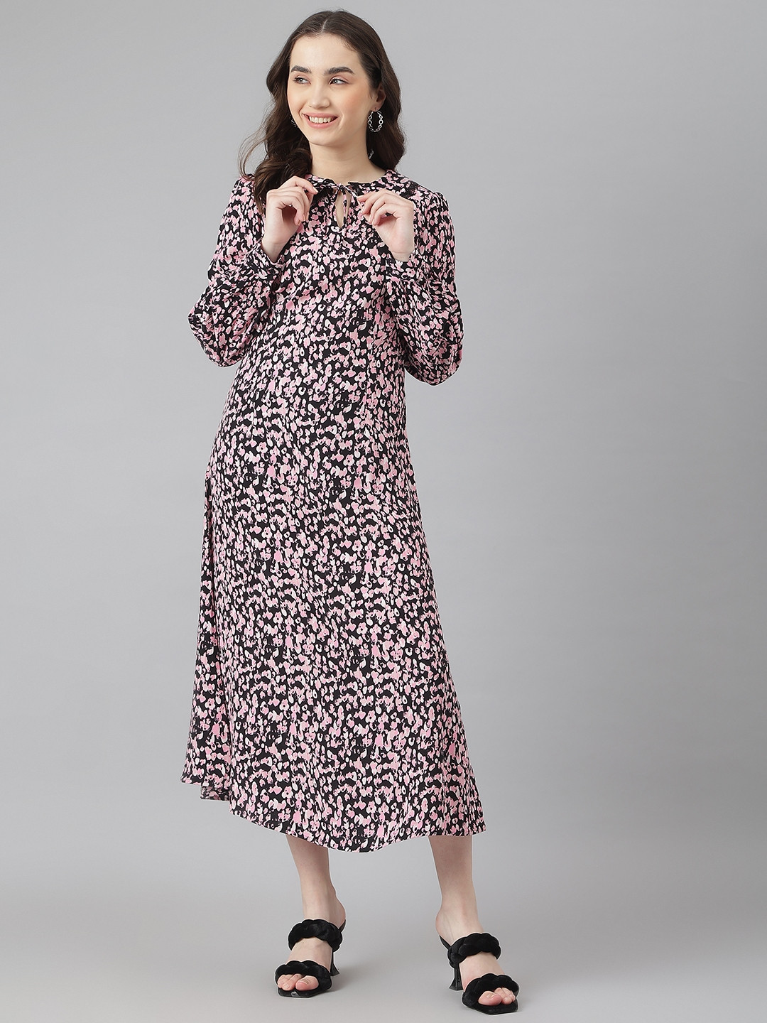 Marks & Spencer Pink & Black Floral Tie-Up Neck A-Line Midi Dress