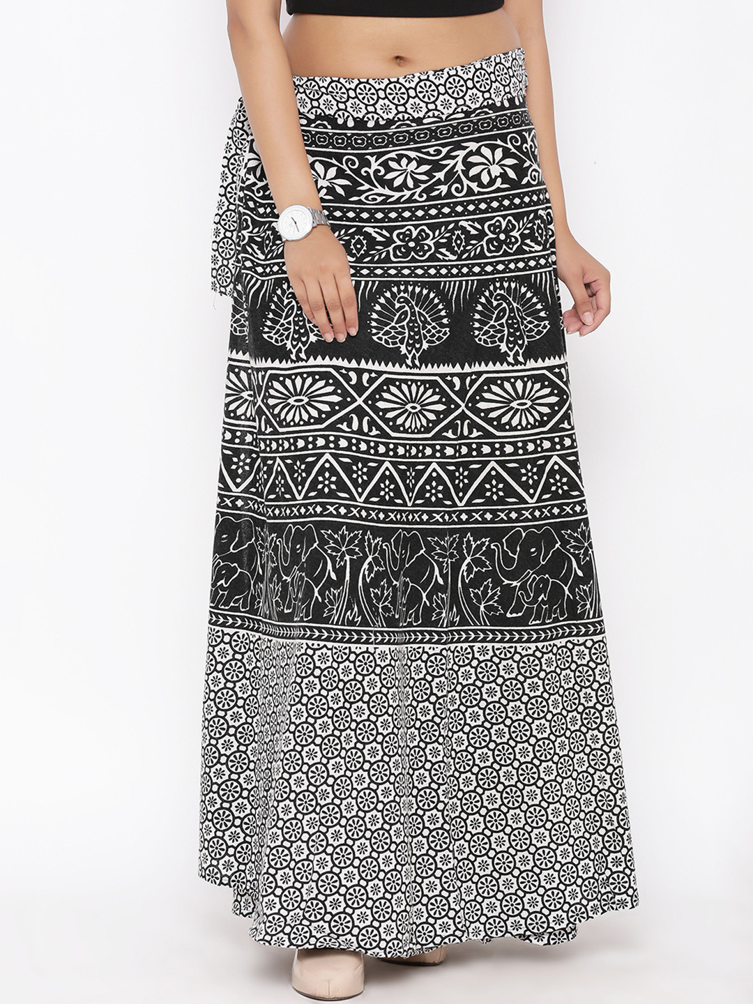 SOUNDARYA Black & White Ethnic Print Wrap-Around Maxi Skirt
