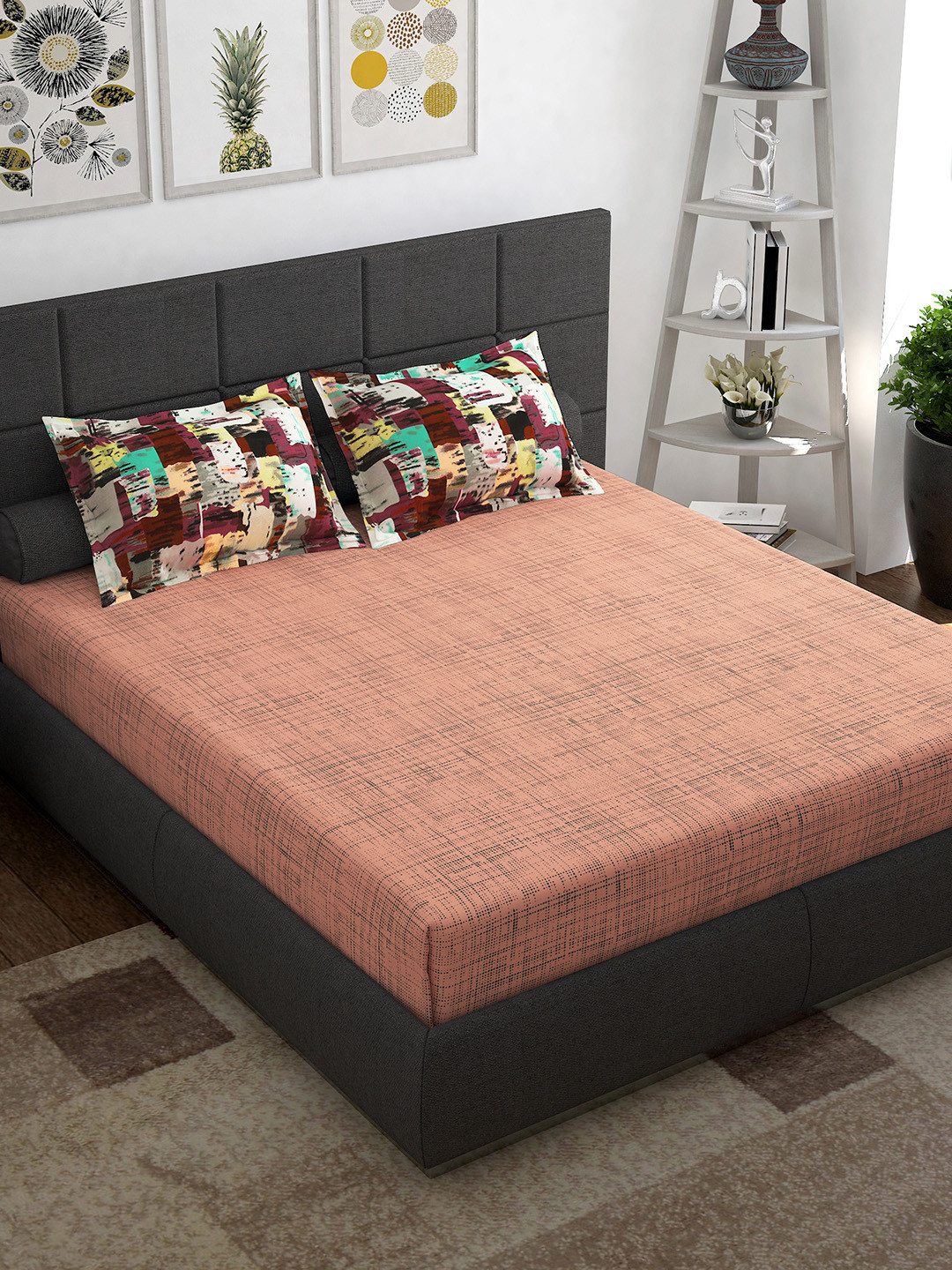 Story@home Peach Abstract Cotton 144 TC Queen Bedsheet with Pillow Covers - 88x100 In