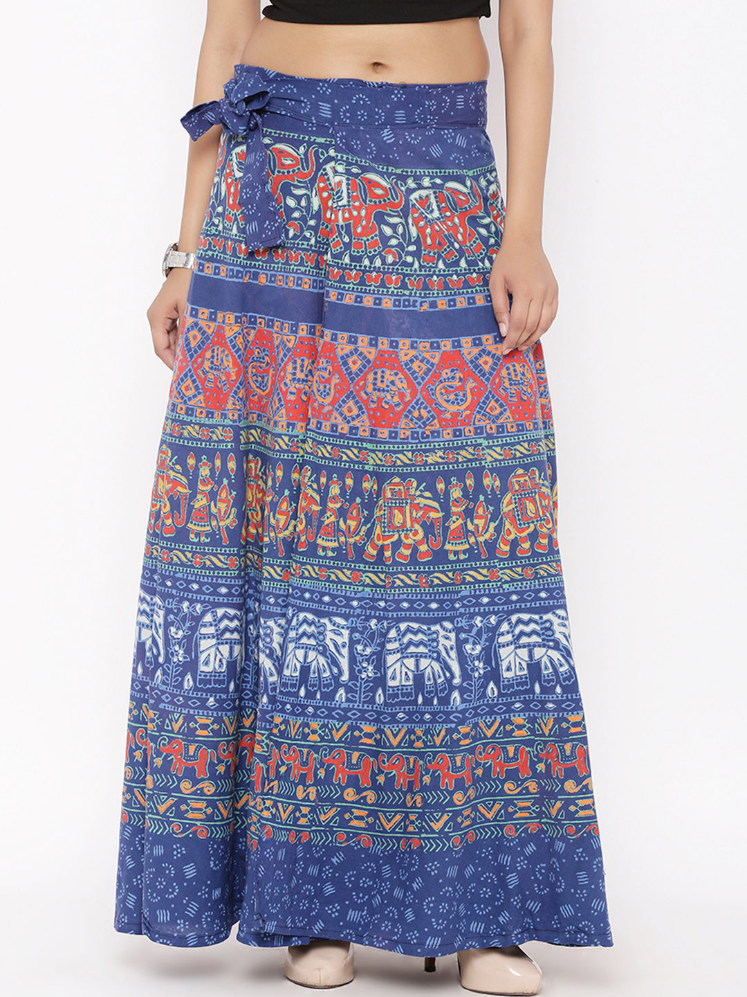 SOUNDARYA Blue Ethnic Print Wrap-Around Maxi Skirt