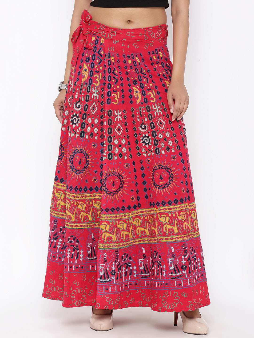 SOUNDARYA Red Printed Wrap-Around Maxi Skirt