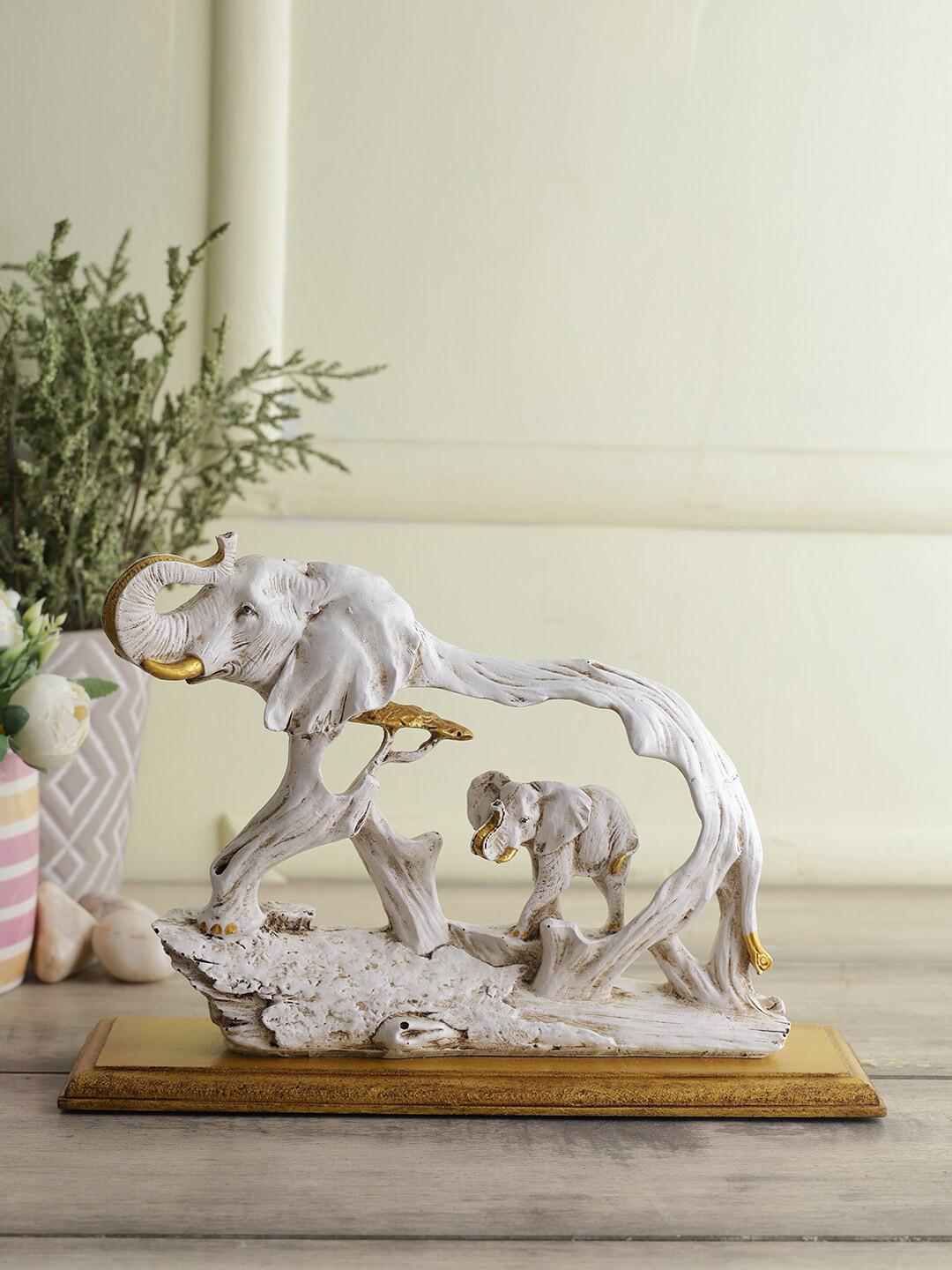 CraftVatika Feng Sui Vastu Elephant with Baby Trunk Grey Polyresin Glossy Living Room Medium Showpiece - 8 Inches